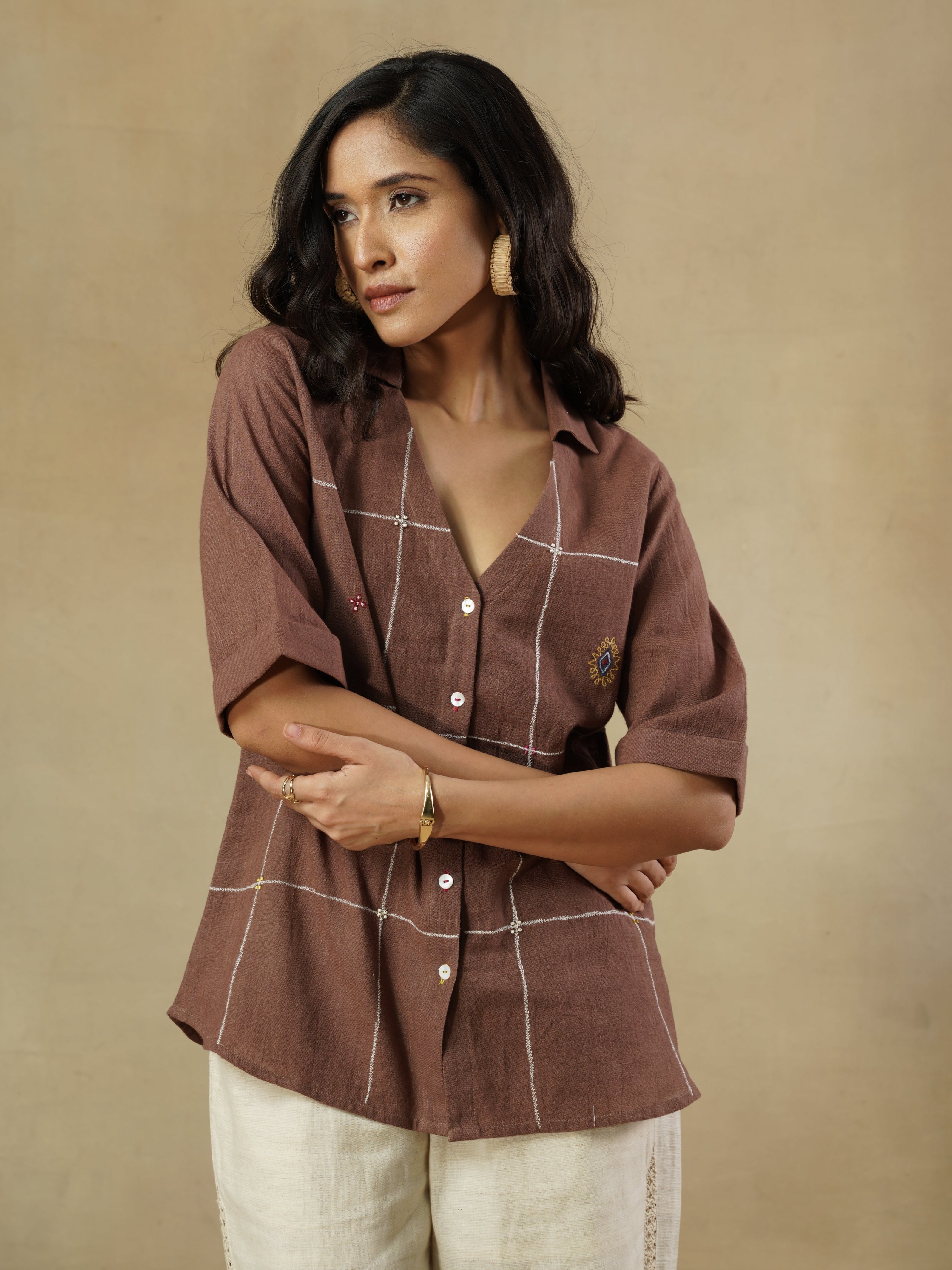 Brown Pure Cotton Embroidered Check Shirt