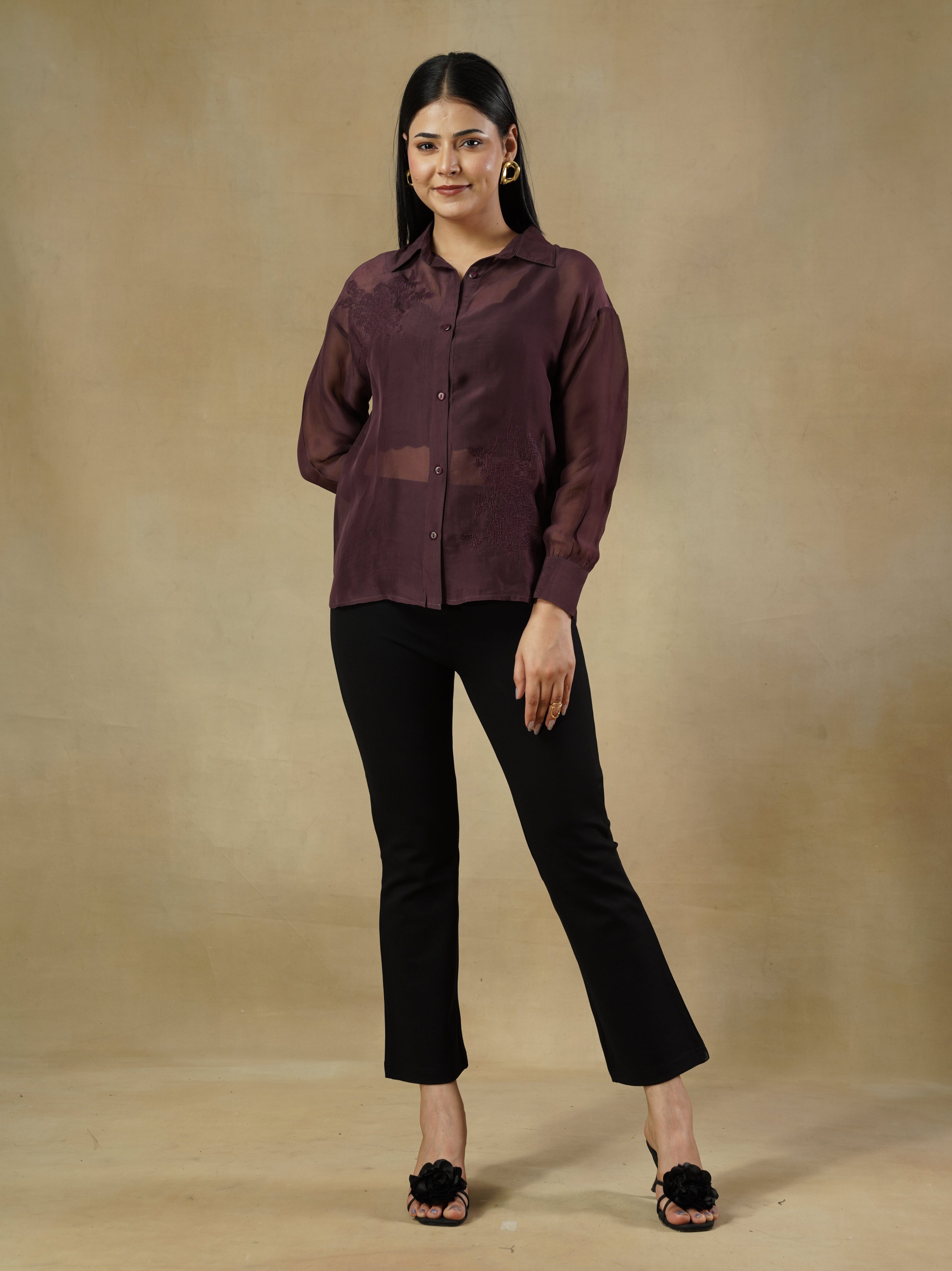 Wine Organza Embroidered Shirt with Full Sleeves – Kristen