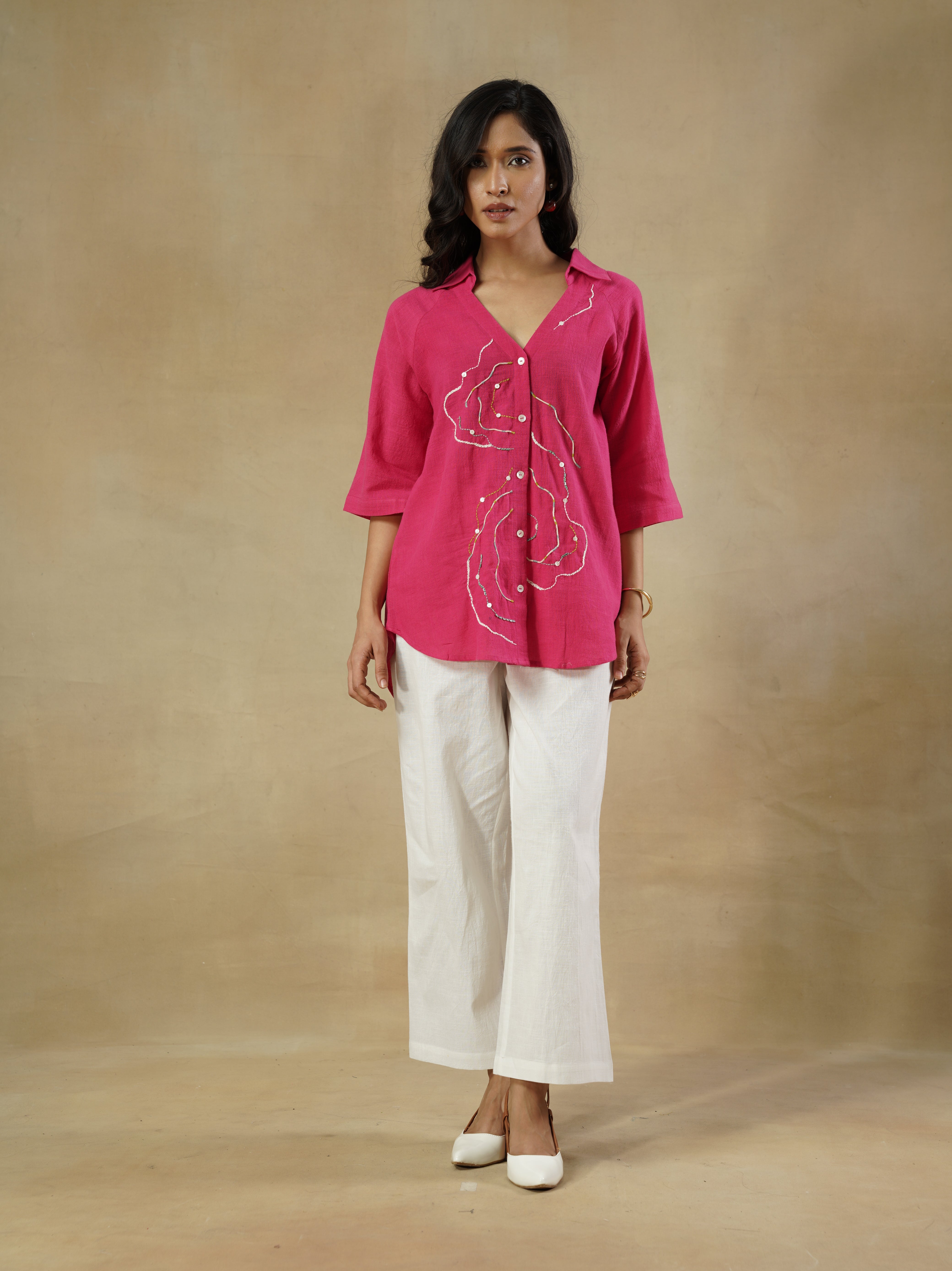 Fuchsia Embroidered Cotton Shirt