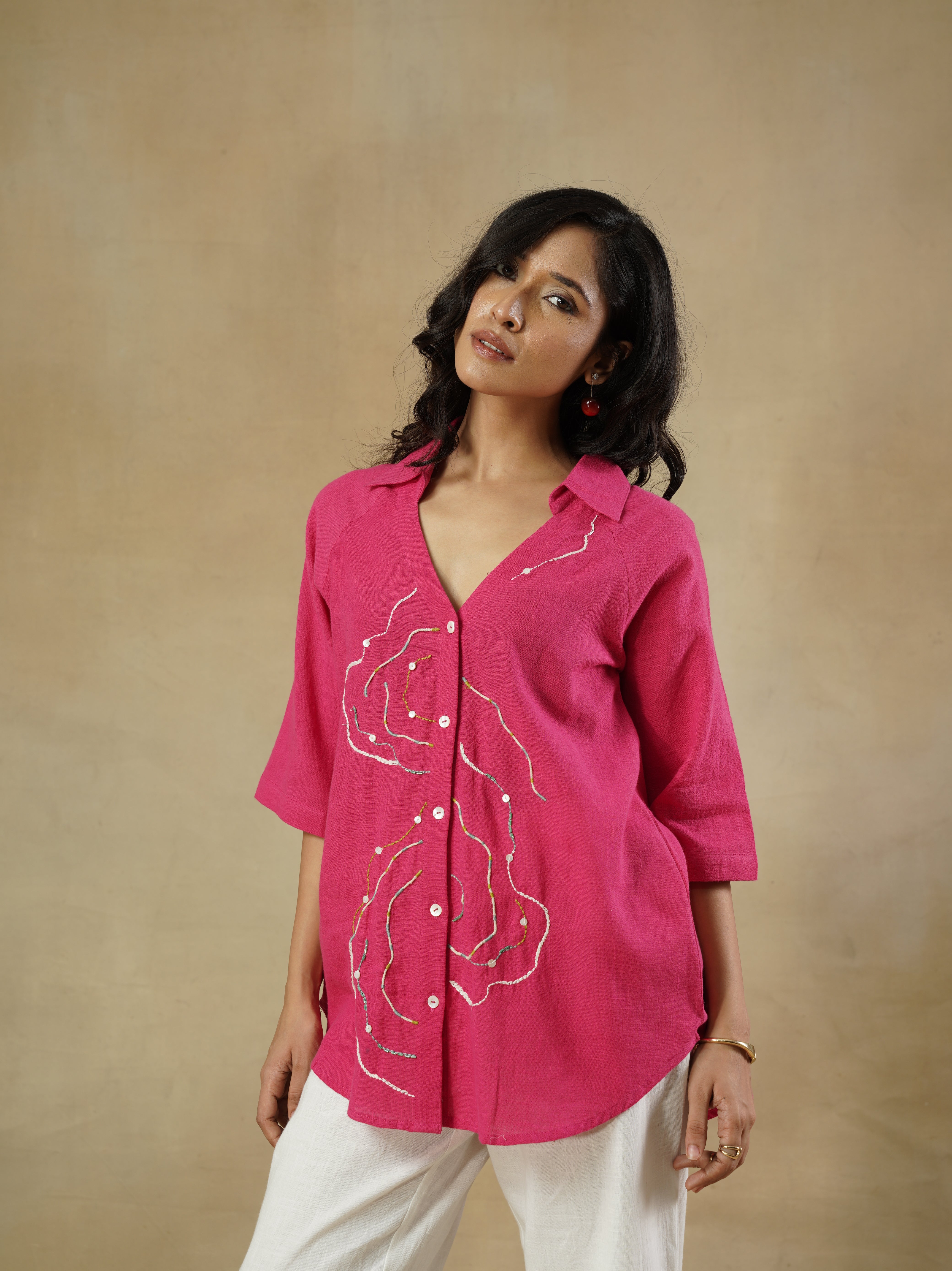 Fuchsia Embroidered Cotton Shirt
