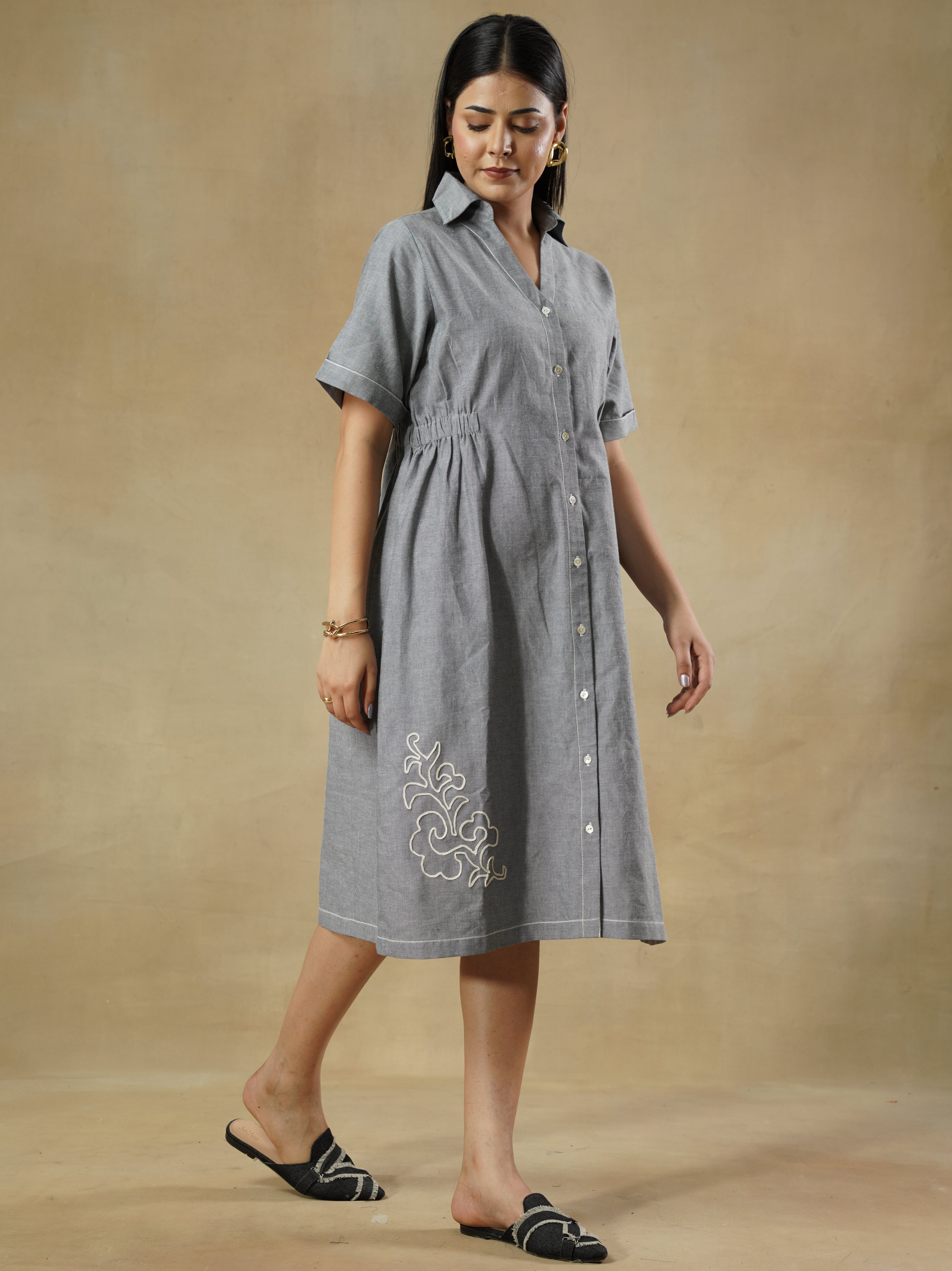 Dori Embroidered Chambray Shirt Dress