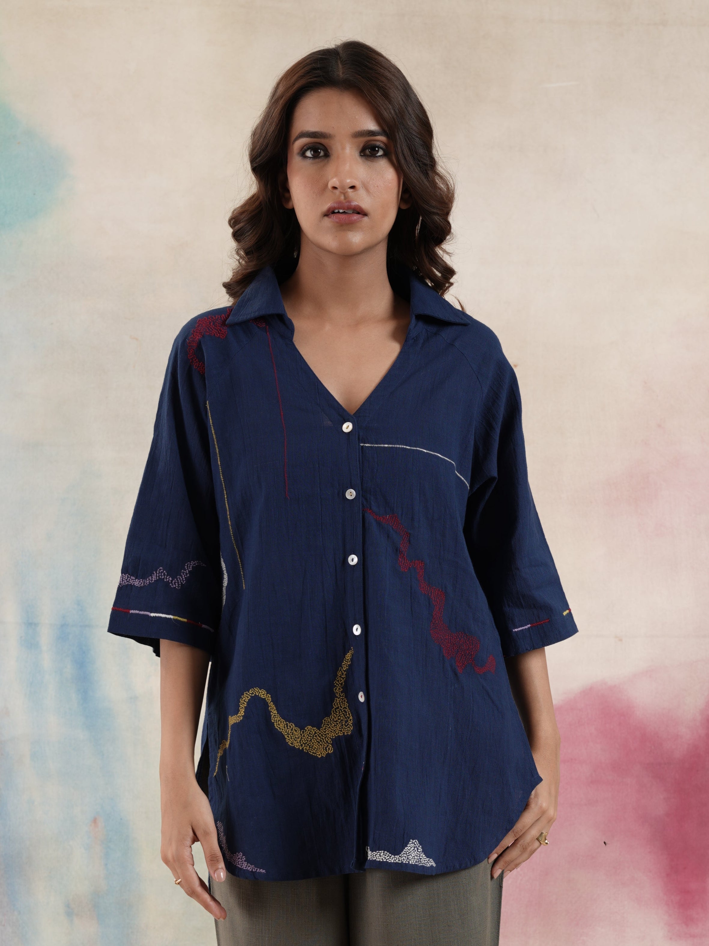 Women's Navy Embroidered Shirt