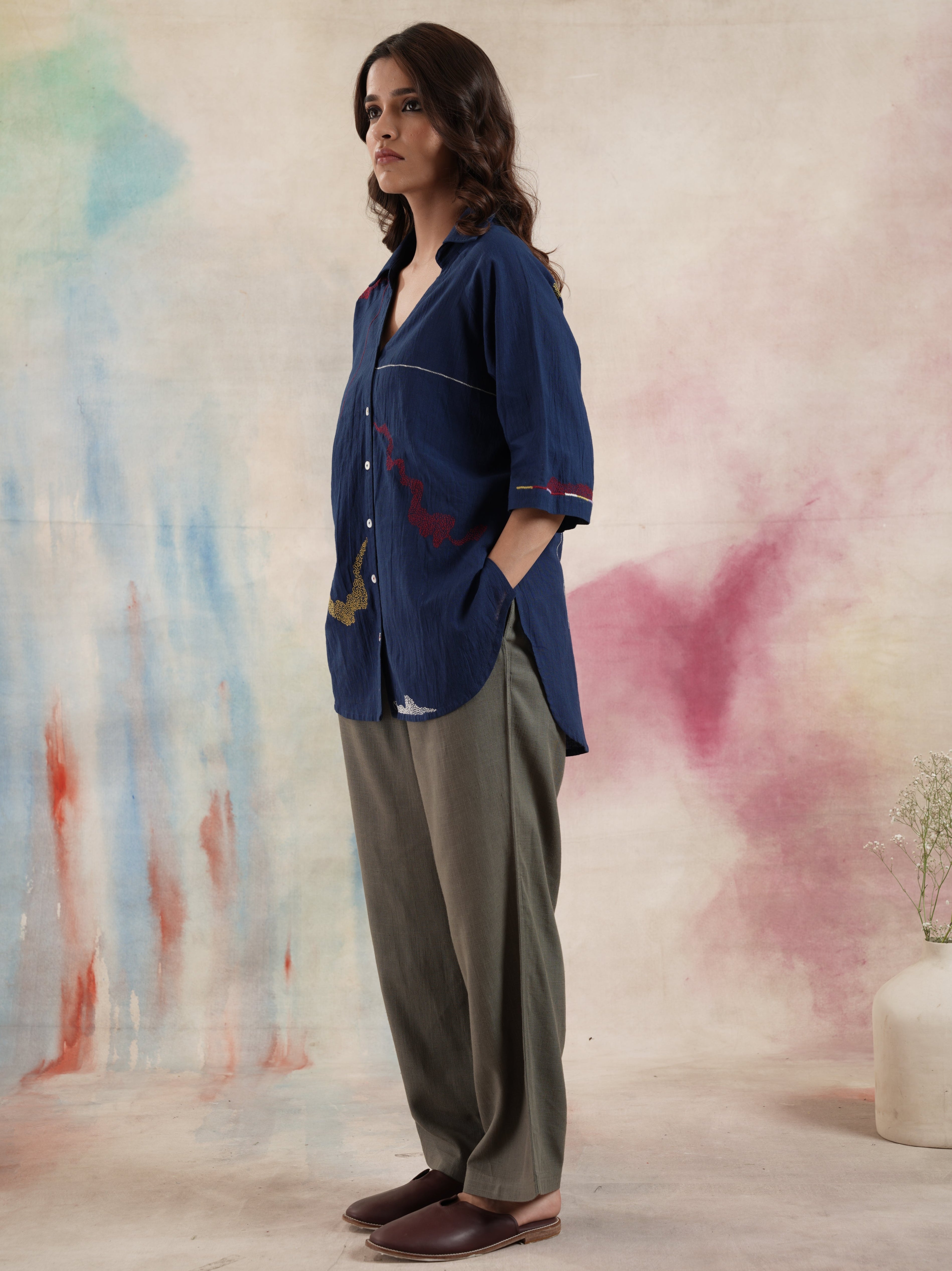 Women's Navy Embroidered Shirt