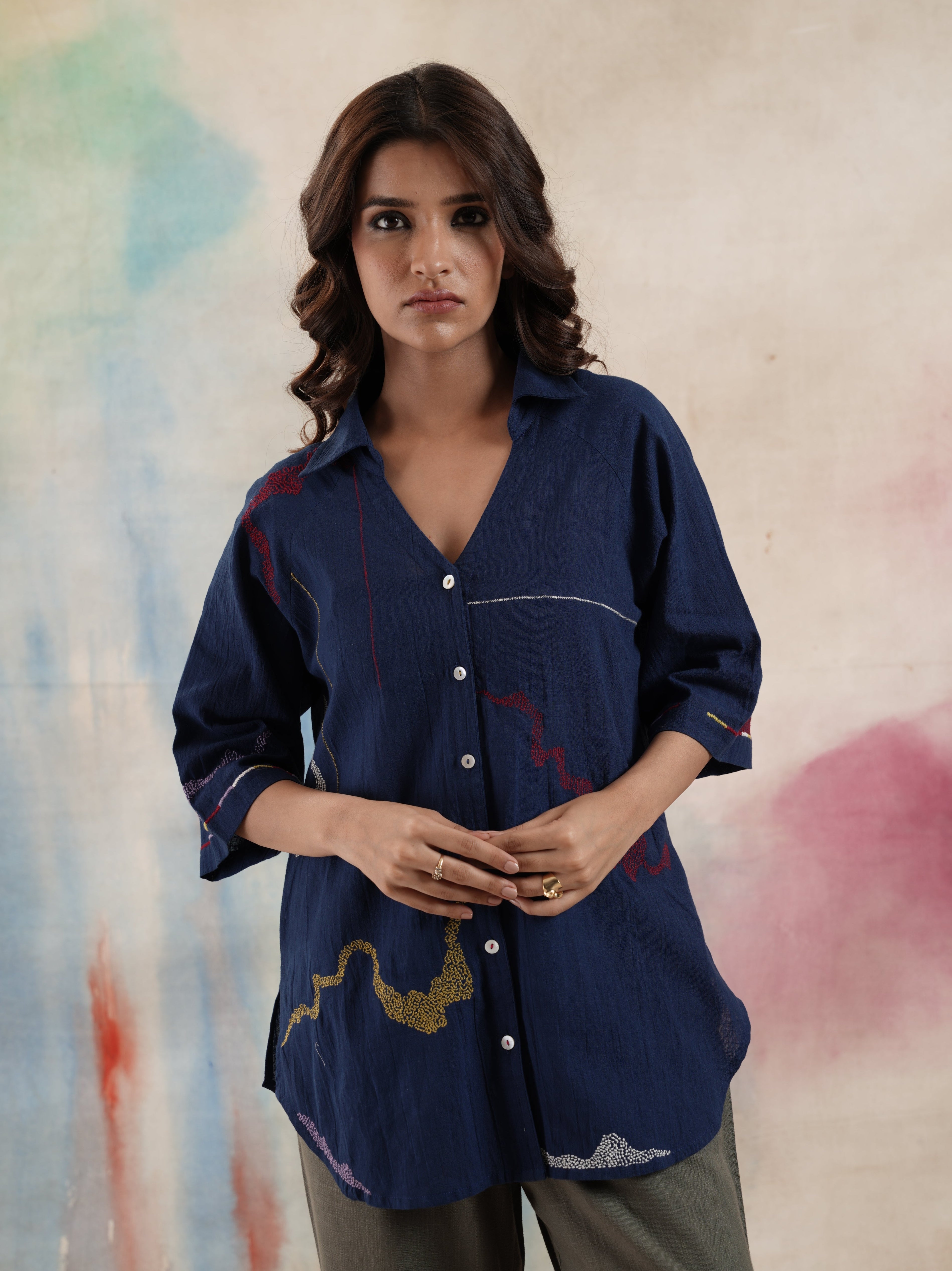 Women's Navy Embroidered Shirt