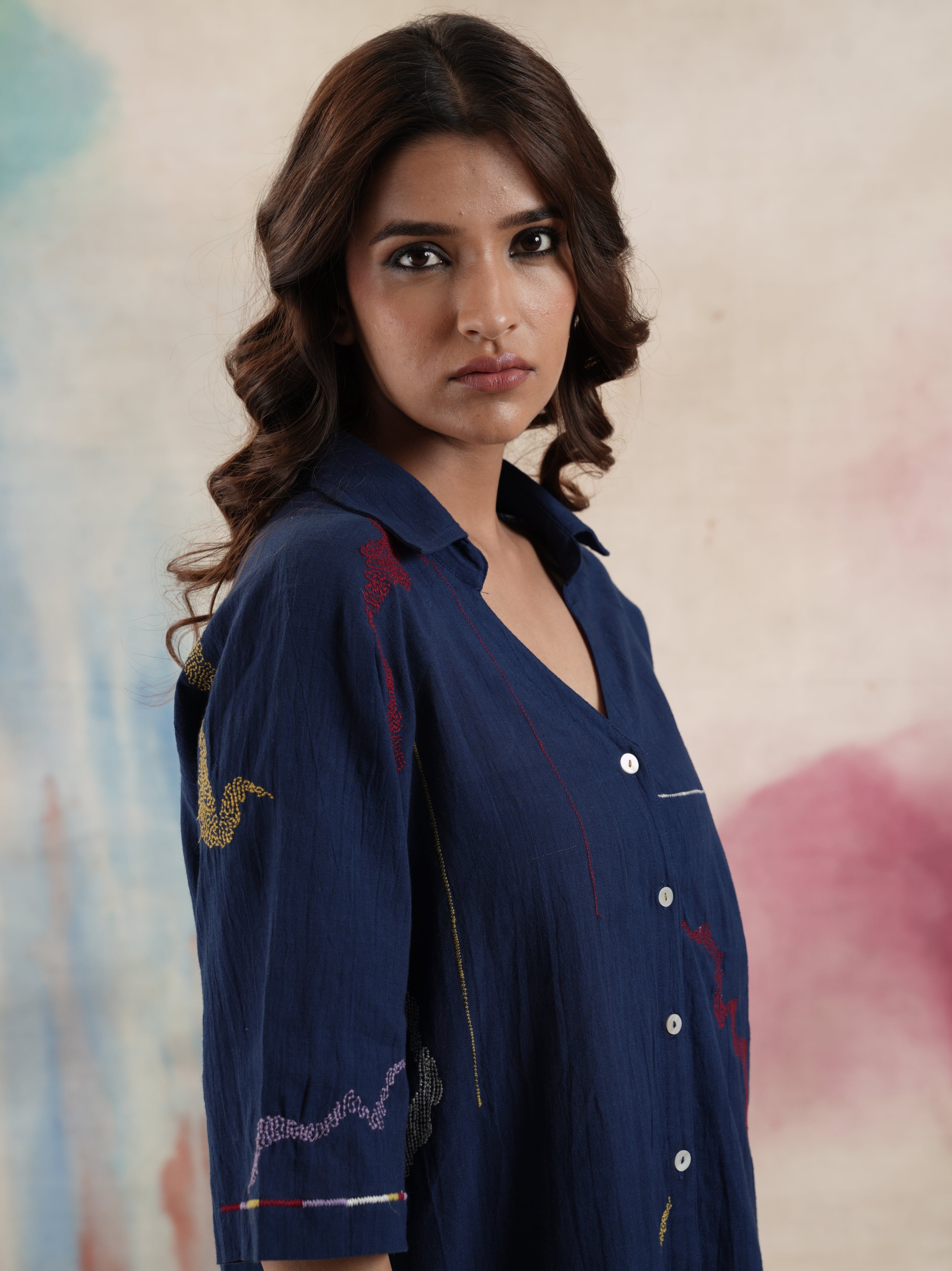 Women's Navy Embroidered Shirt