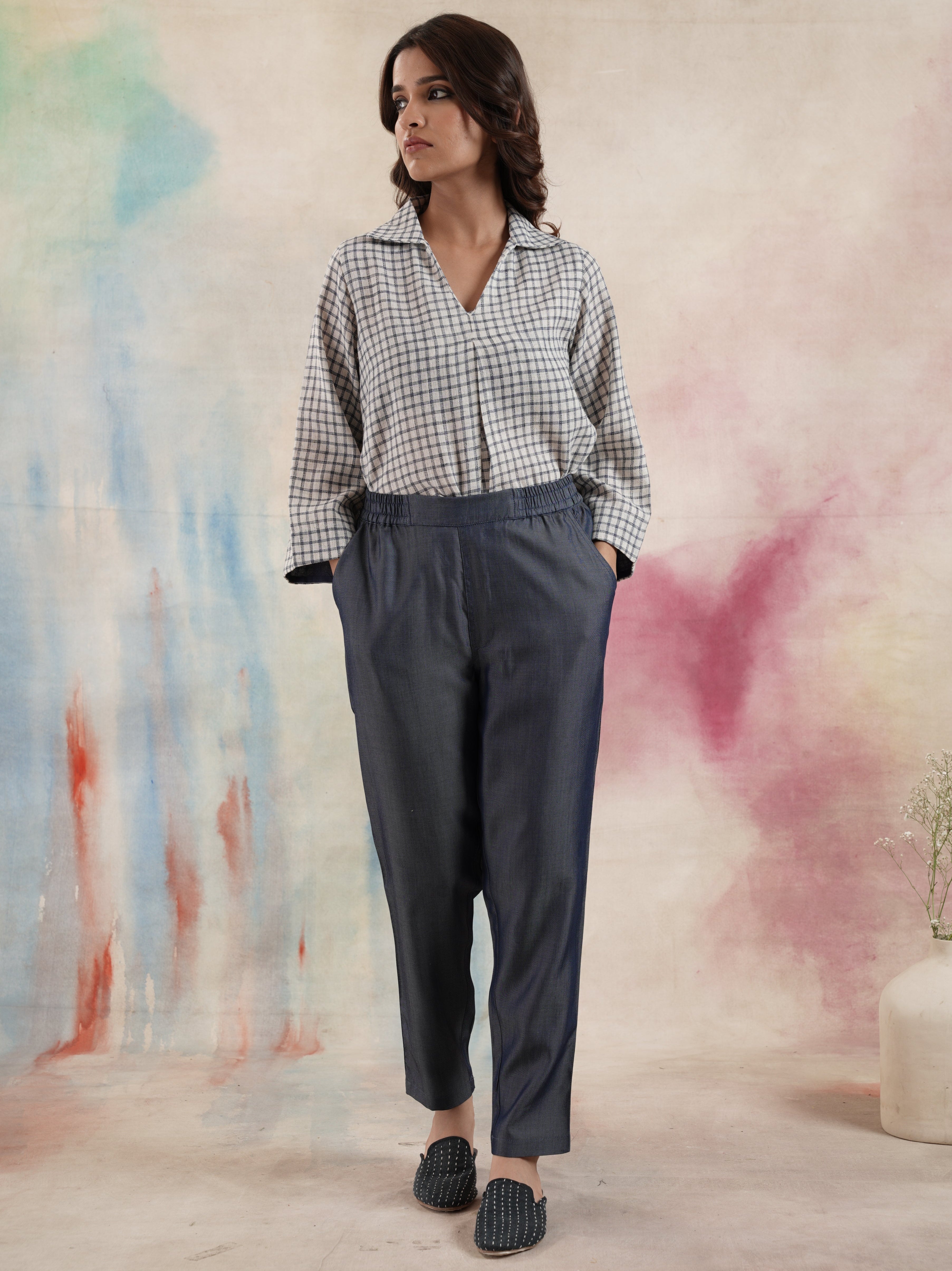 Women's Blue Elasticated Tencel Pants