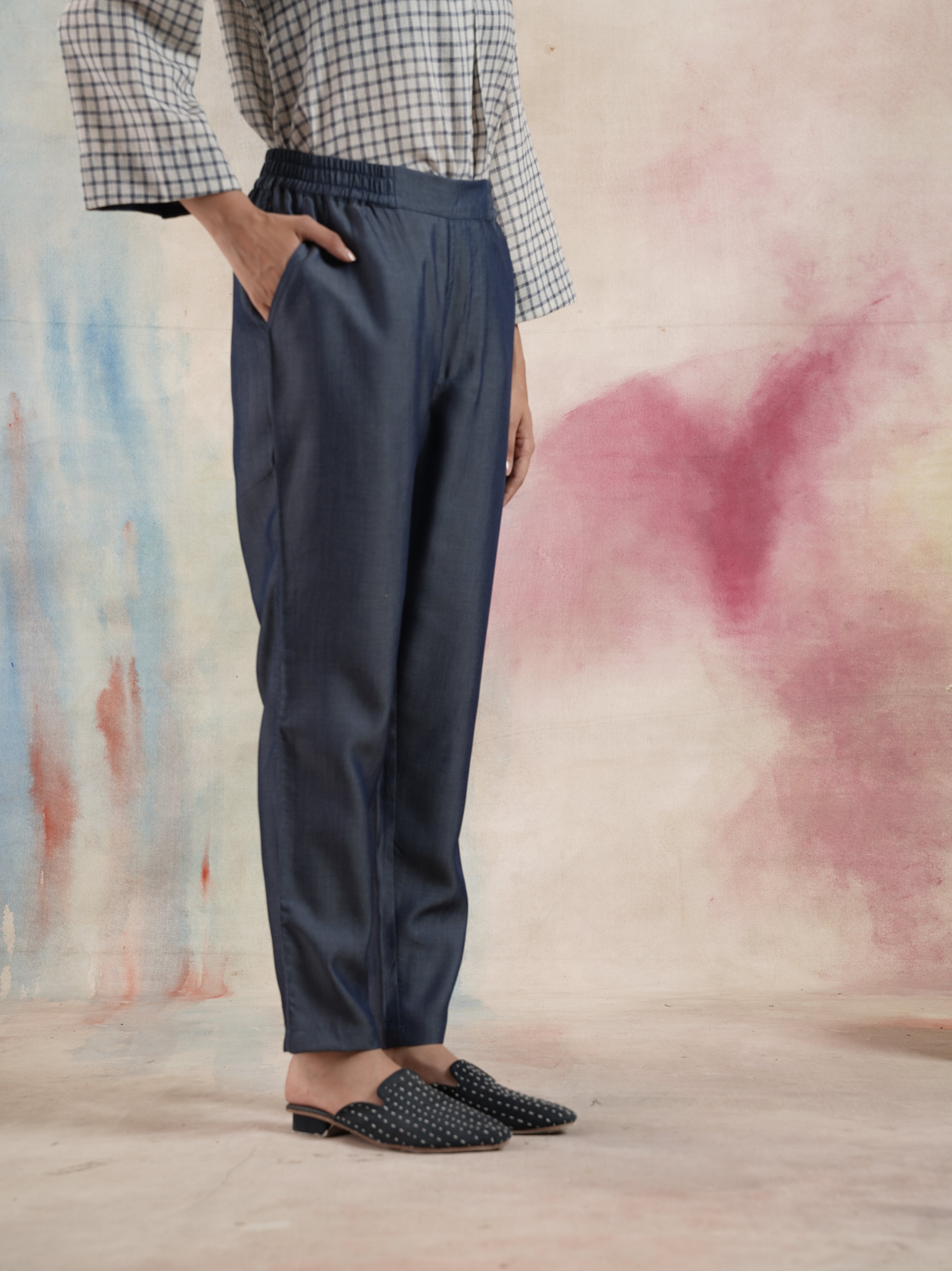 Women's Blue Elasticated Tencel Pants