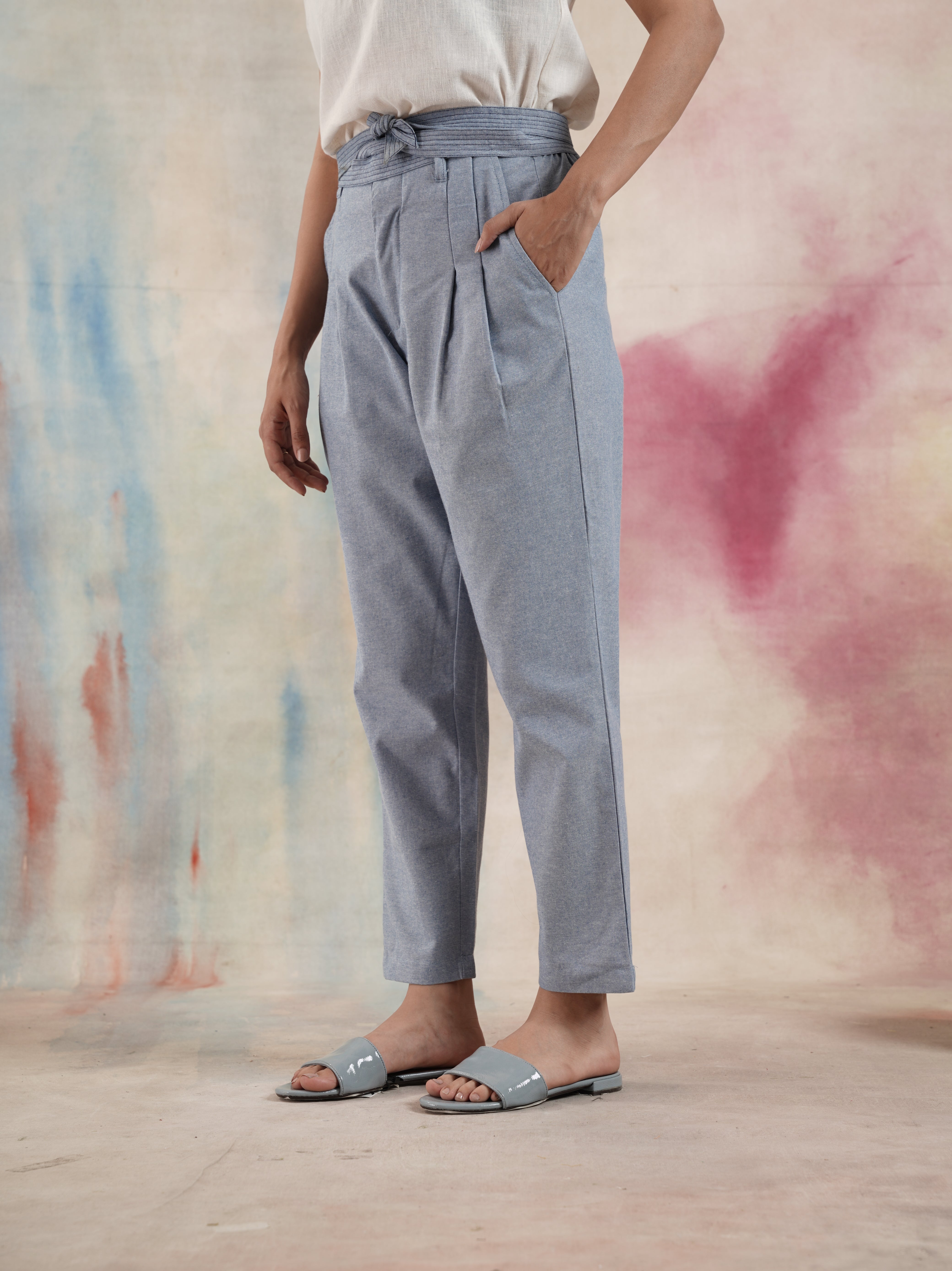 Women's Blue Chambray Pleated Pants