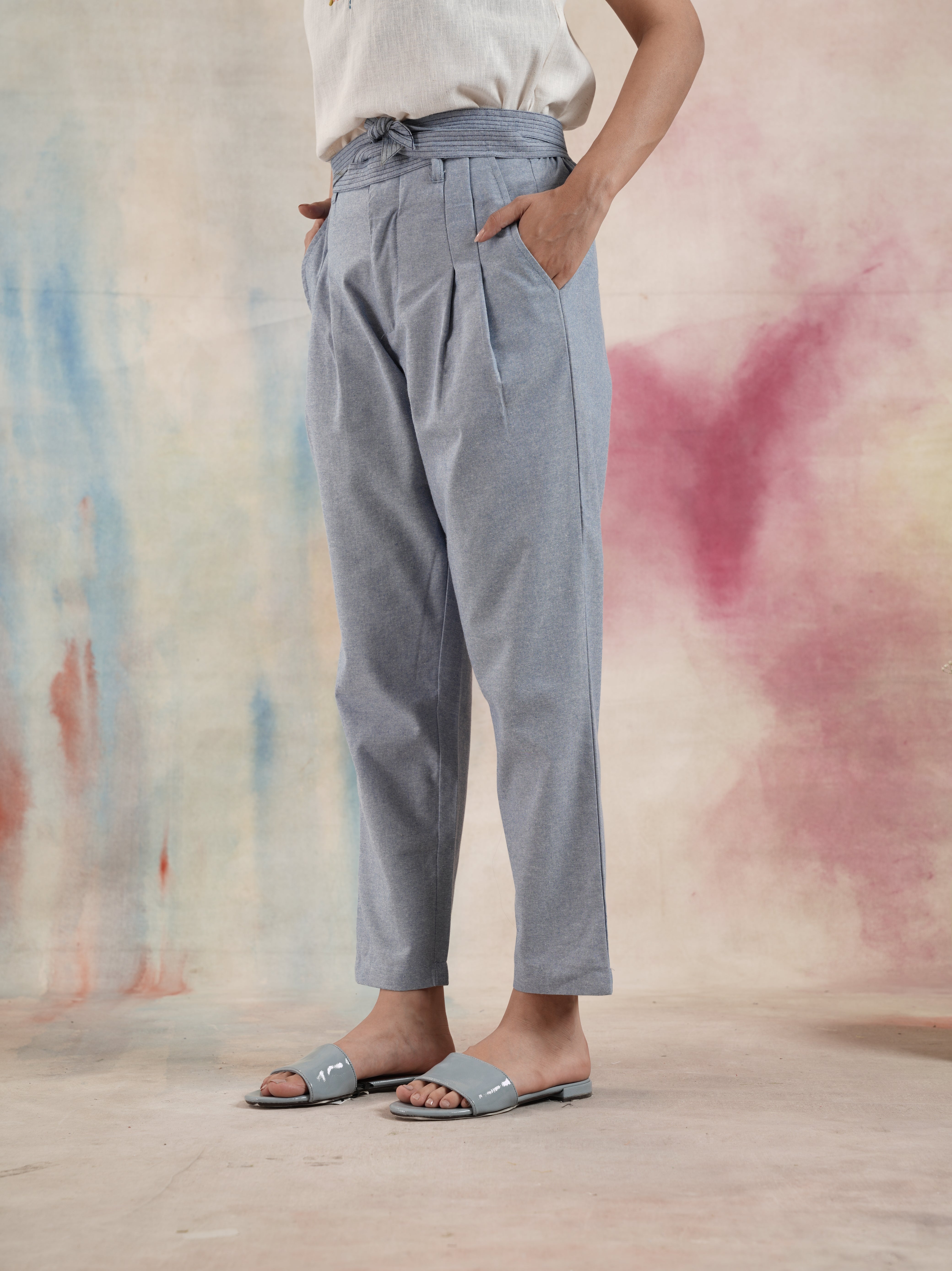 Women's Blue Chambray Pleated Pants