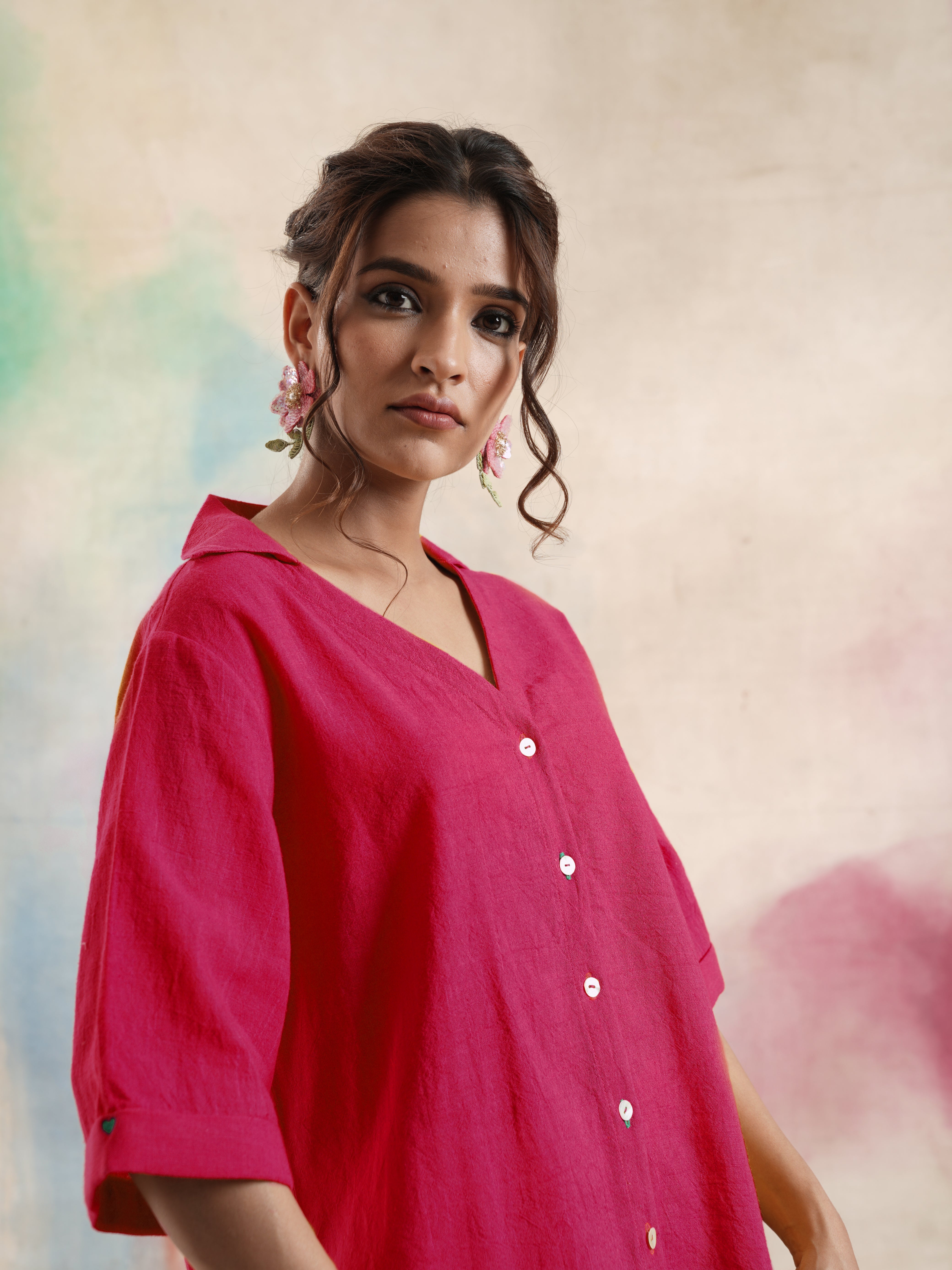 Fuchsia Collared Cotton Shirt with Bird Embroidery