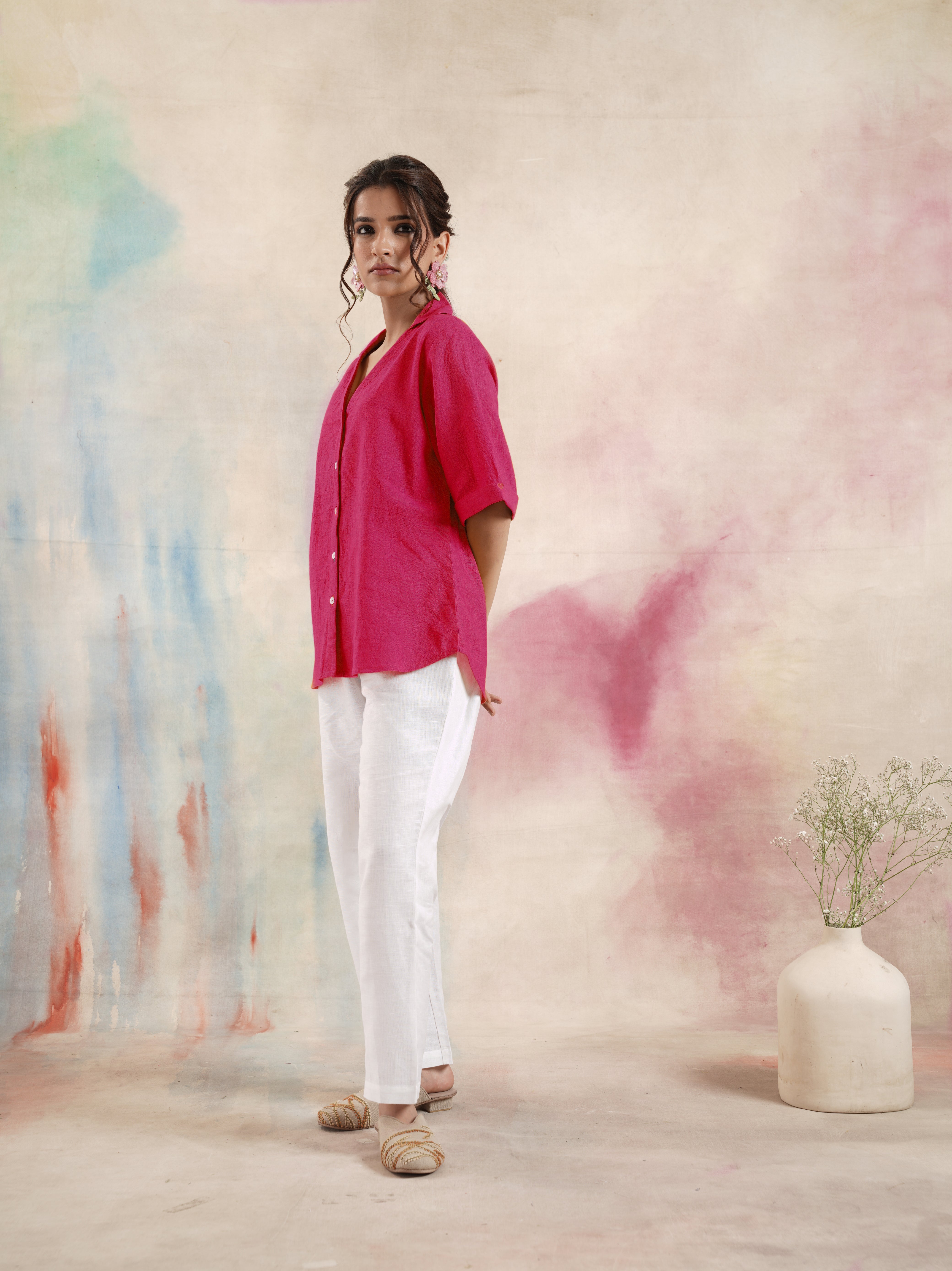Fuchsia Collared Cotton Shirt with Bird Embroidery