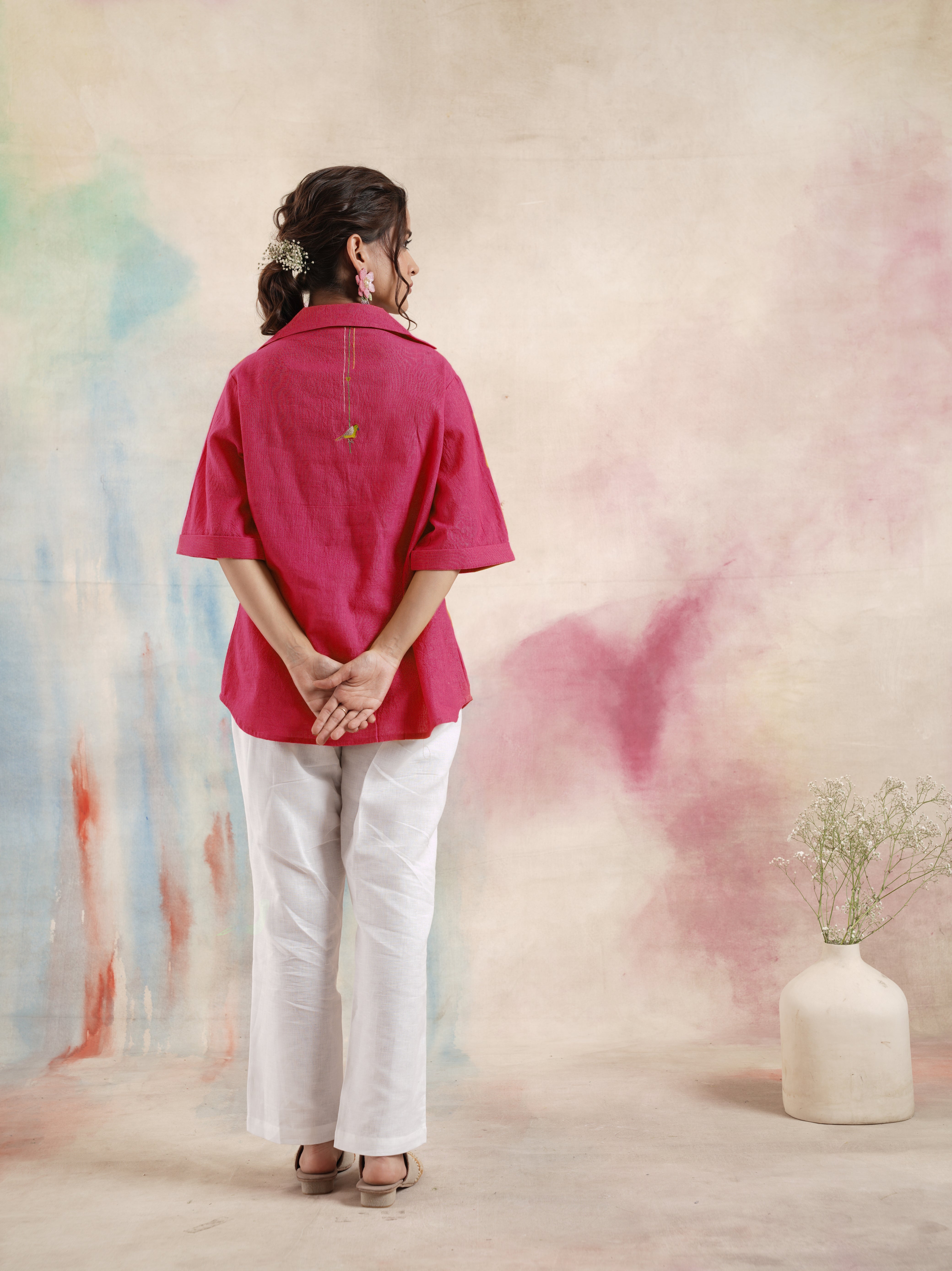 Fuchsia Collared Cotton Shirt with Bird Embroidery