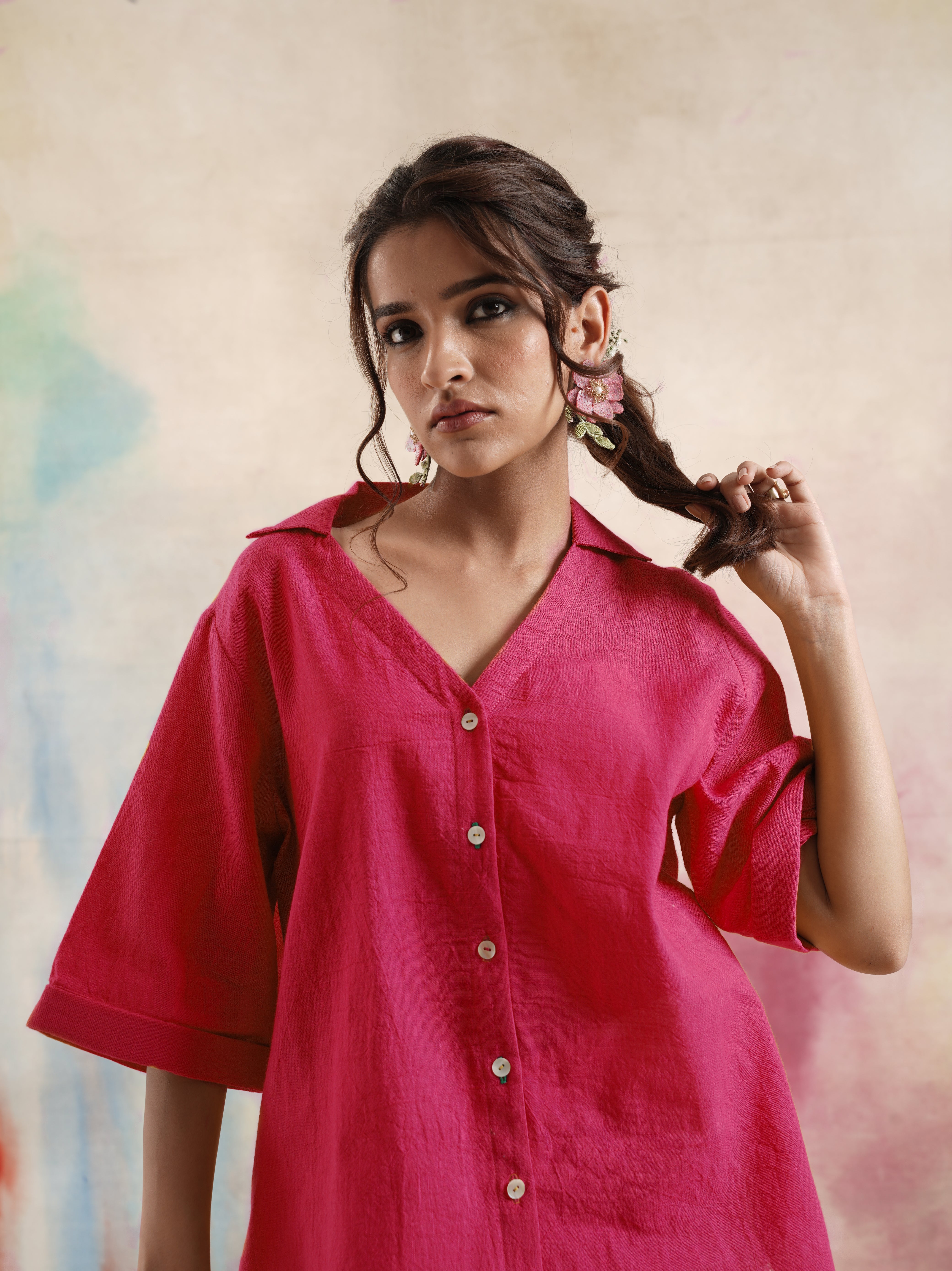 Fuchsia Collared Cotton Shirt with Bird Embroidery