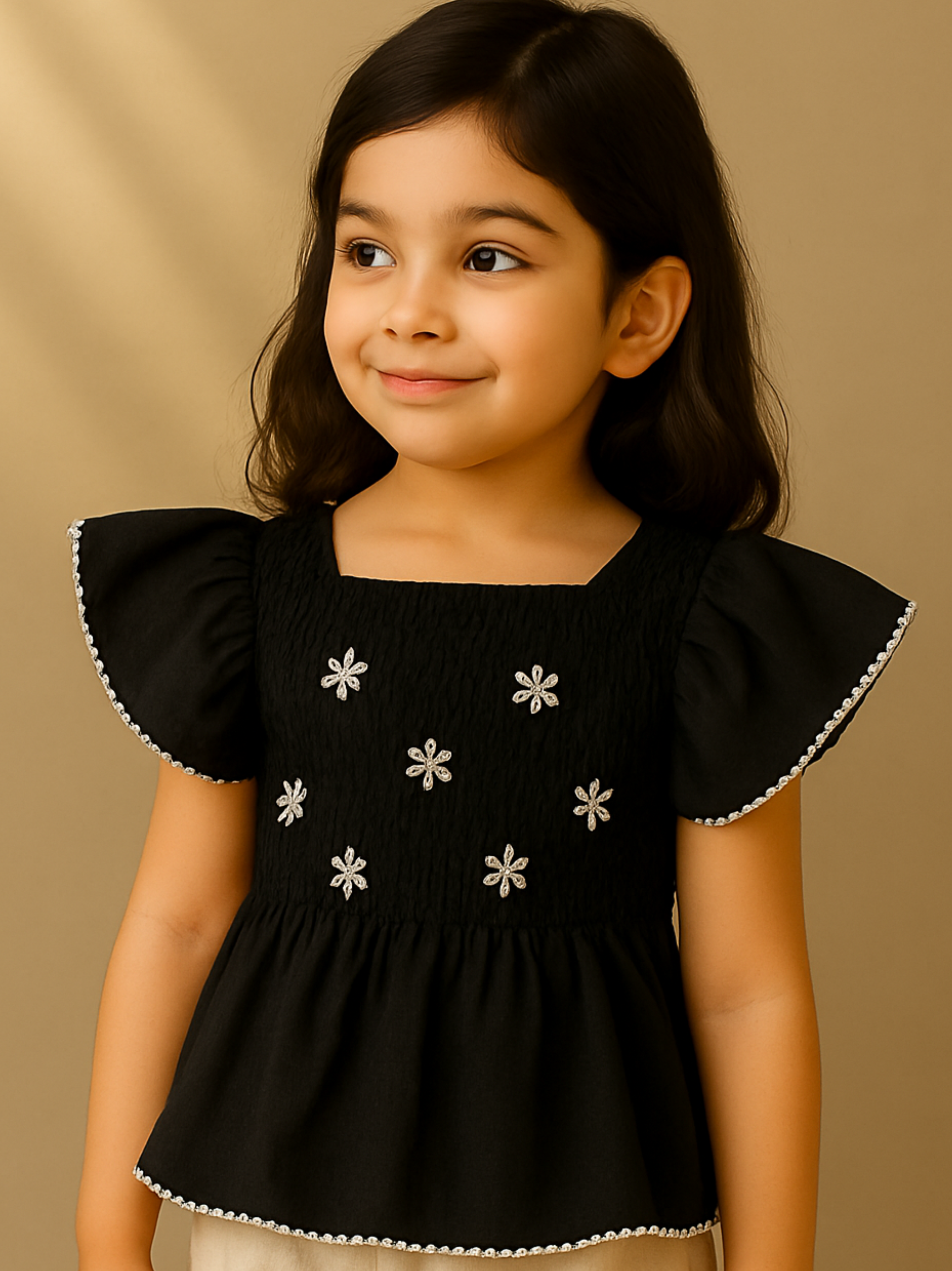 Girl's Black Embroidered Top