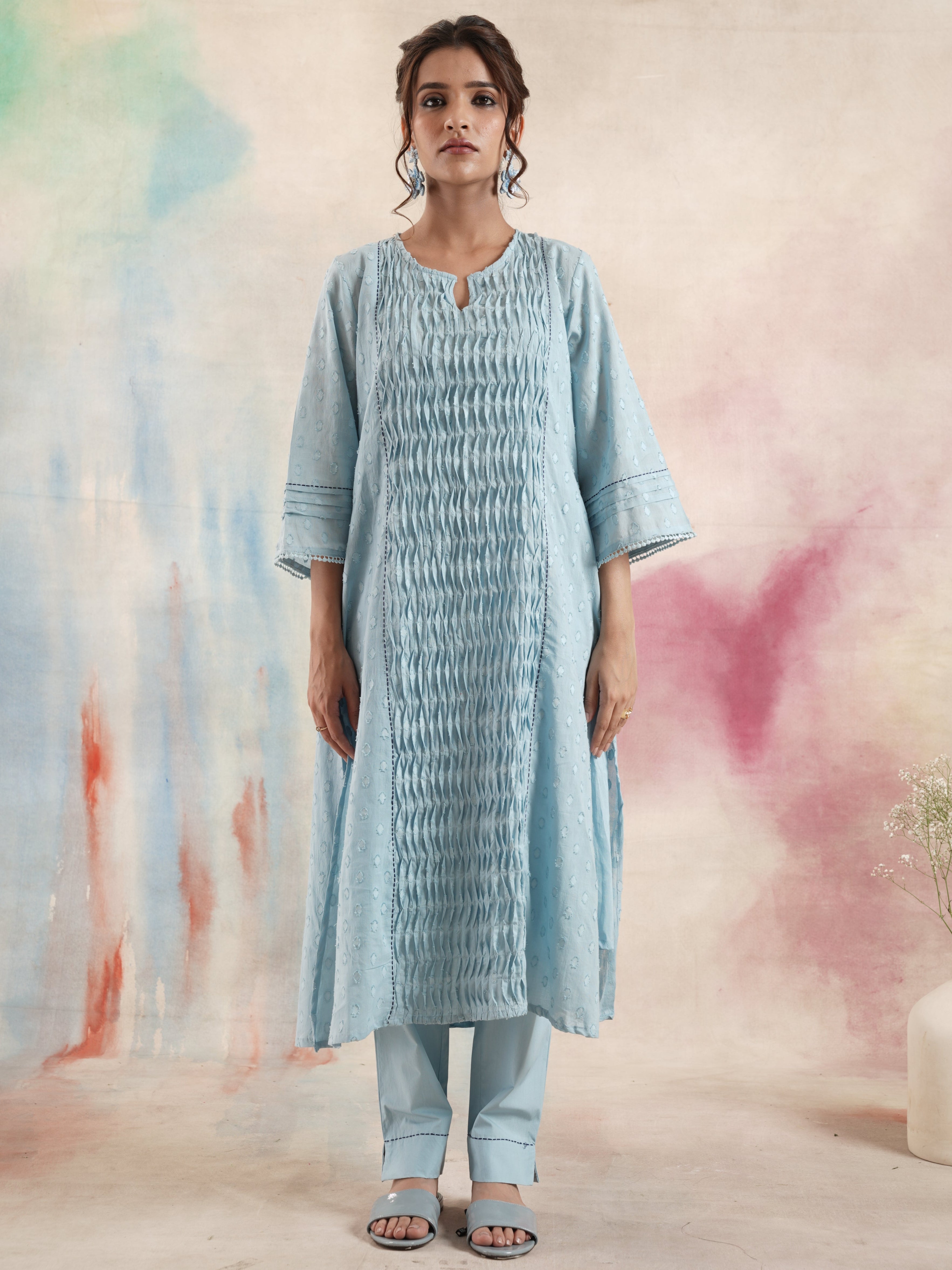Women's Blue Ruching Kurta Set