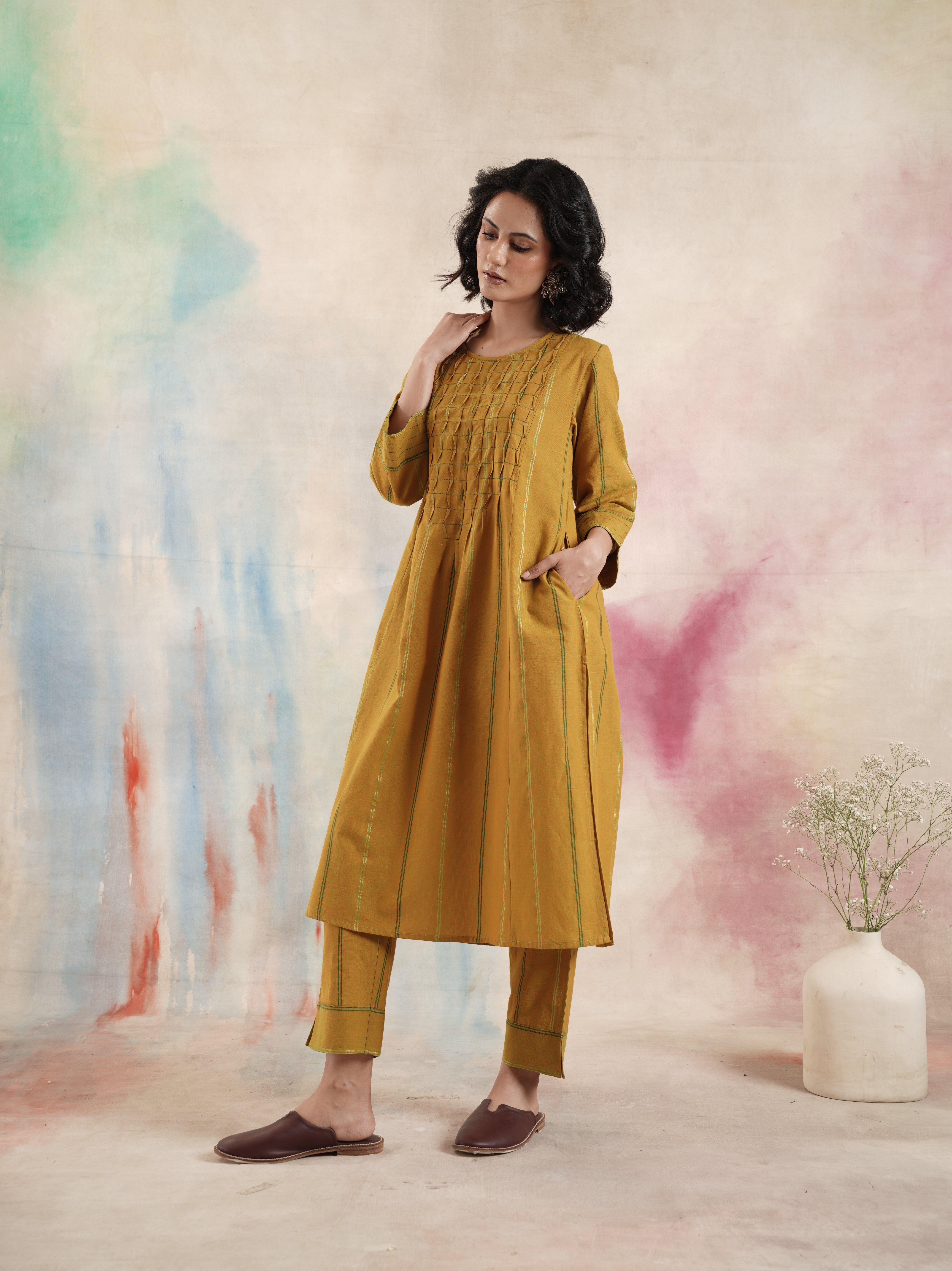 Women's Mustard Ruching Kurta Set
