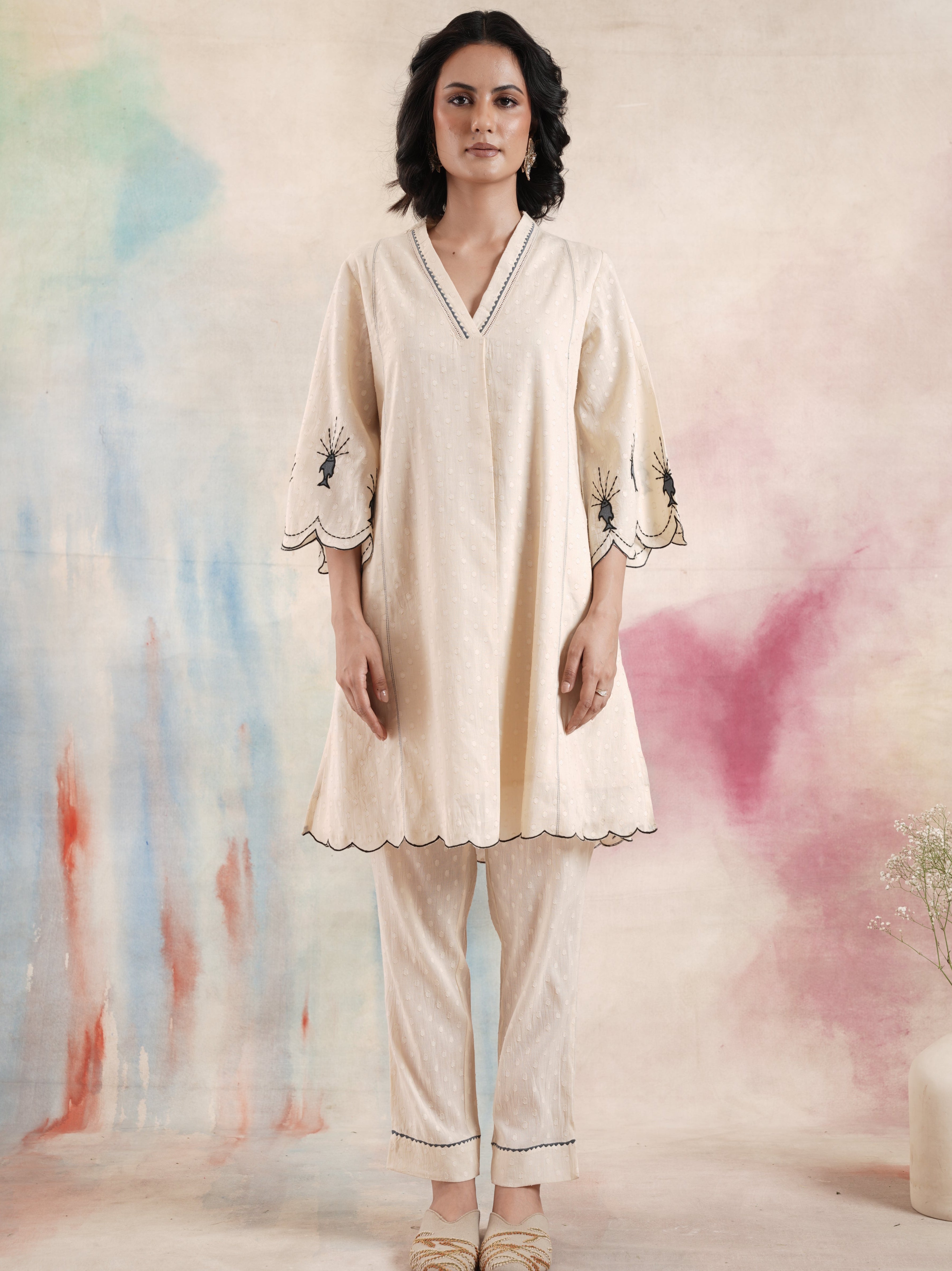 Women's Beige Embroidered Coord Set
