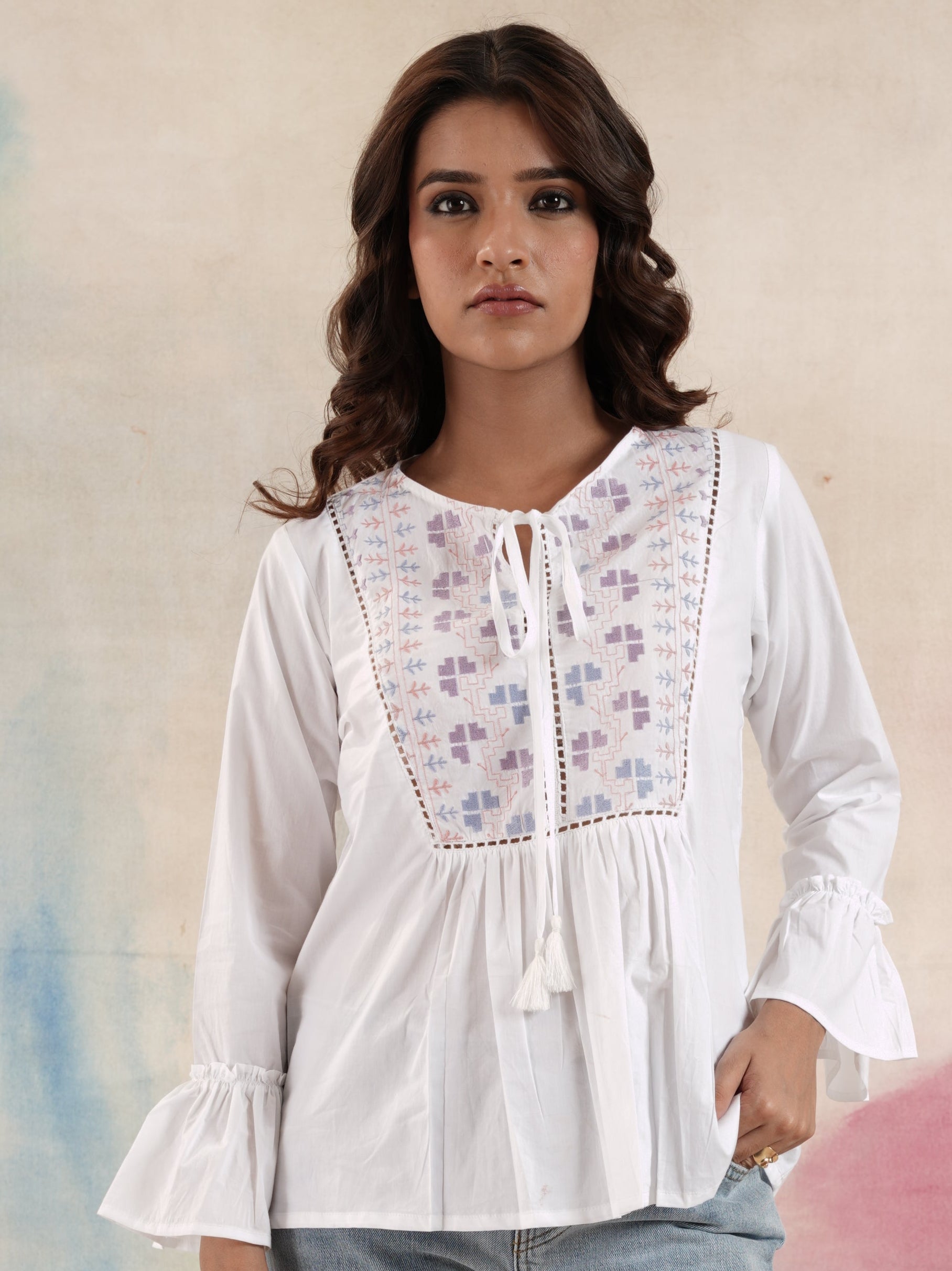 Women's White Yoke Embroidered Top
