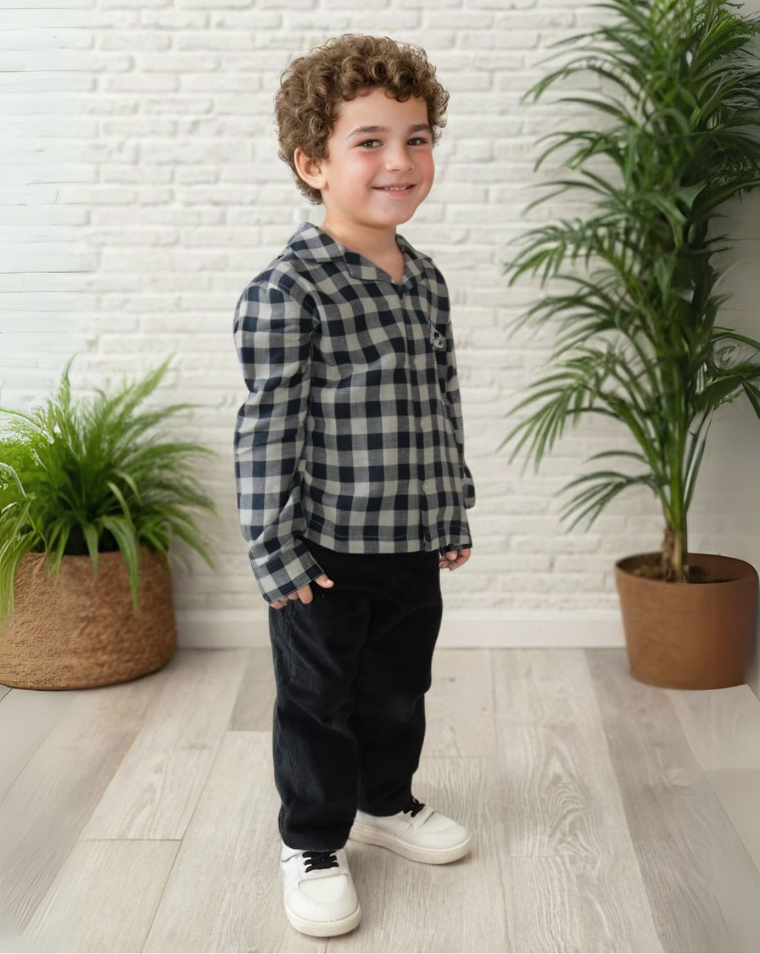 Boy's Black Embroidered Yarn Dyed Shirt