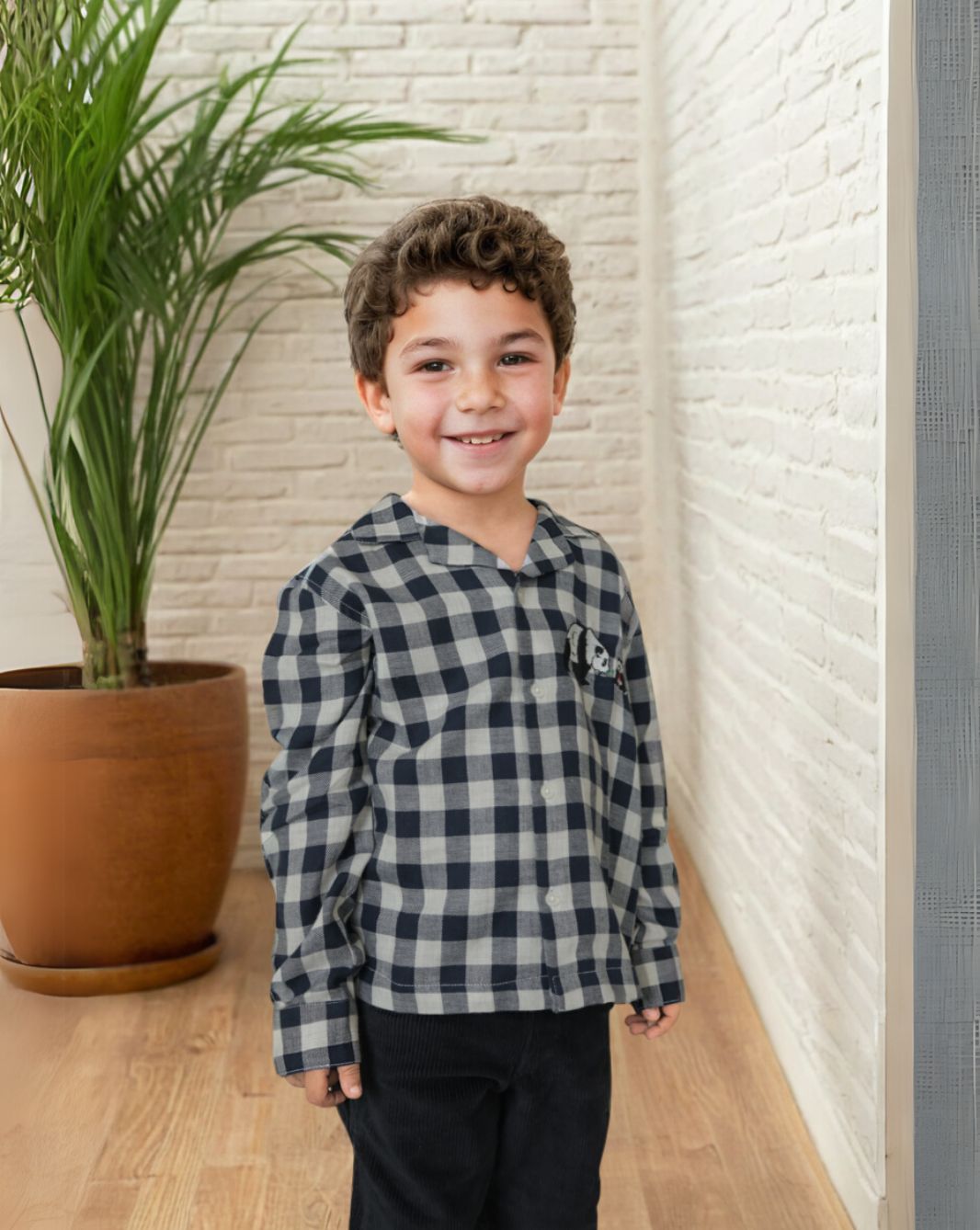 Boy's Black Embroidered Yarn Dyed Shirt