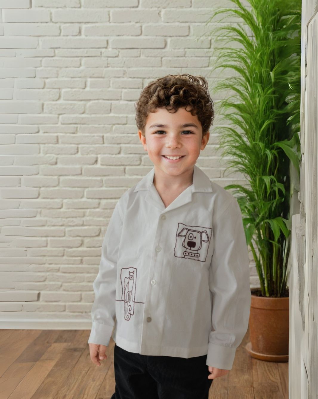 Boy's White Line Art Yarn Dyed Shirt
