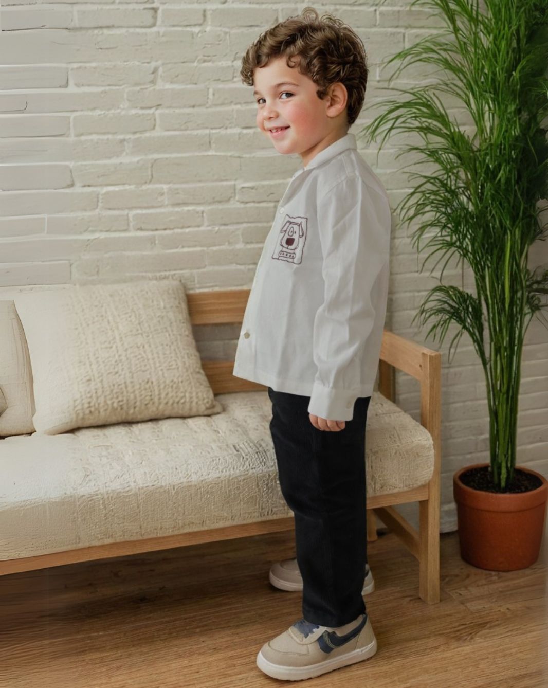 Boy's White Line Art Yarn Dyed Shirt