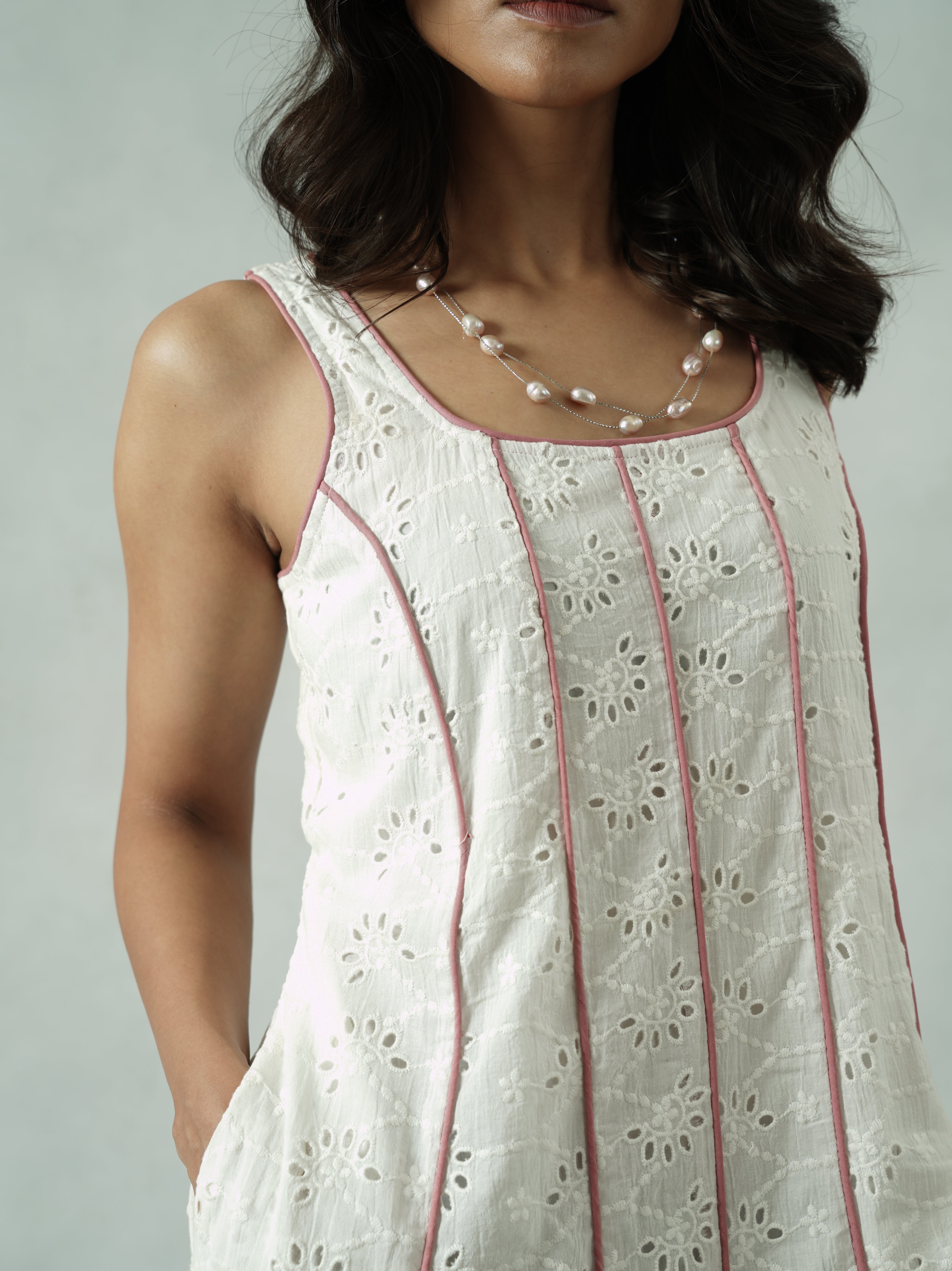 White Schiffli Panel Dress with Pink Piping