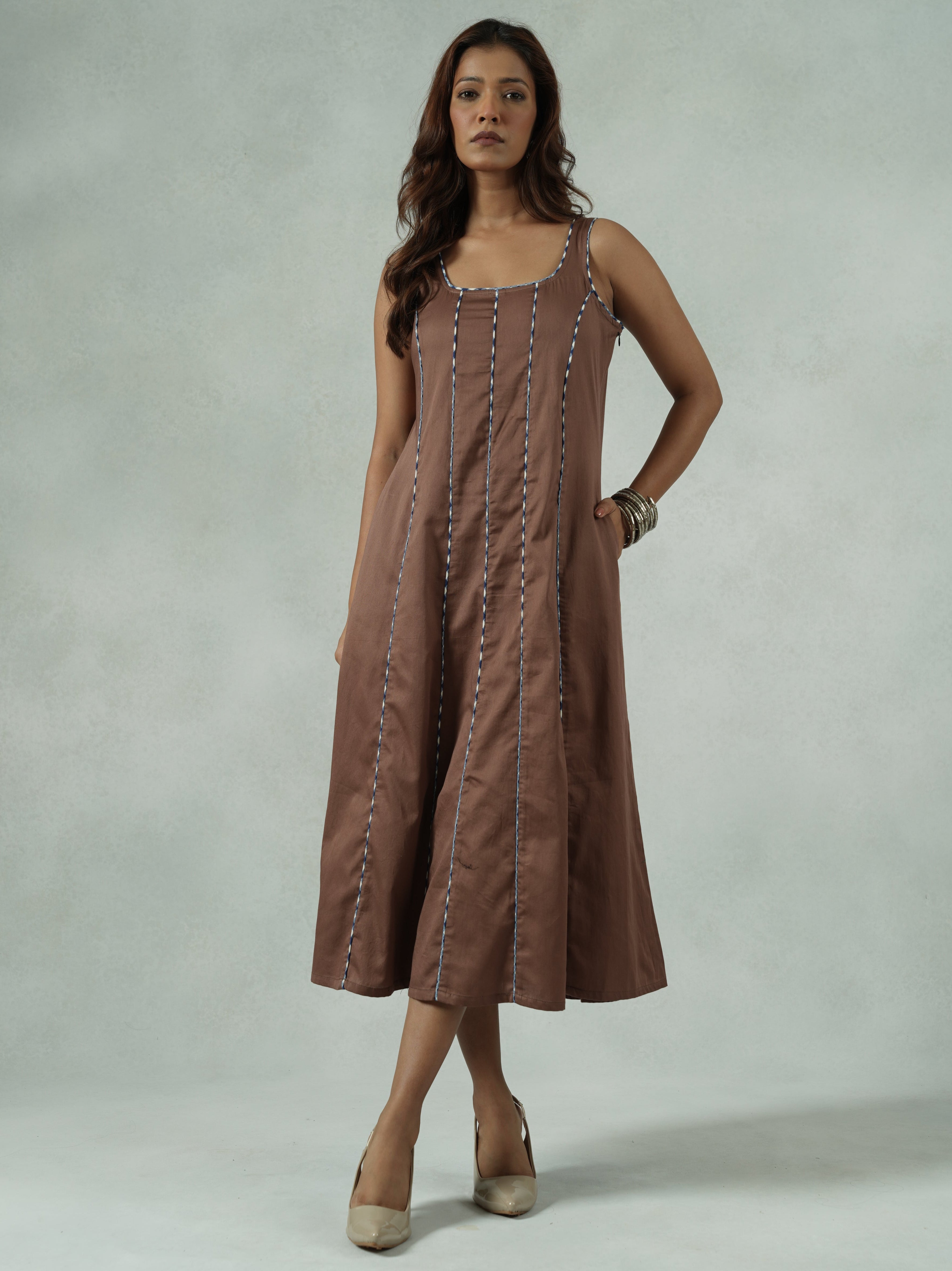Brown Cotton Satin Panelled A-Line Party Dress