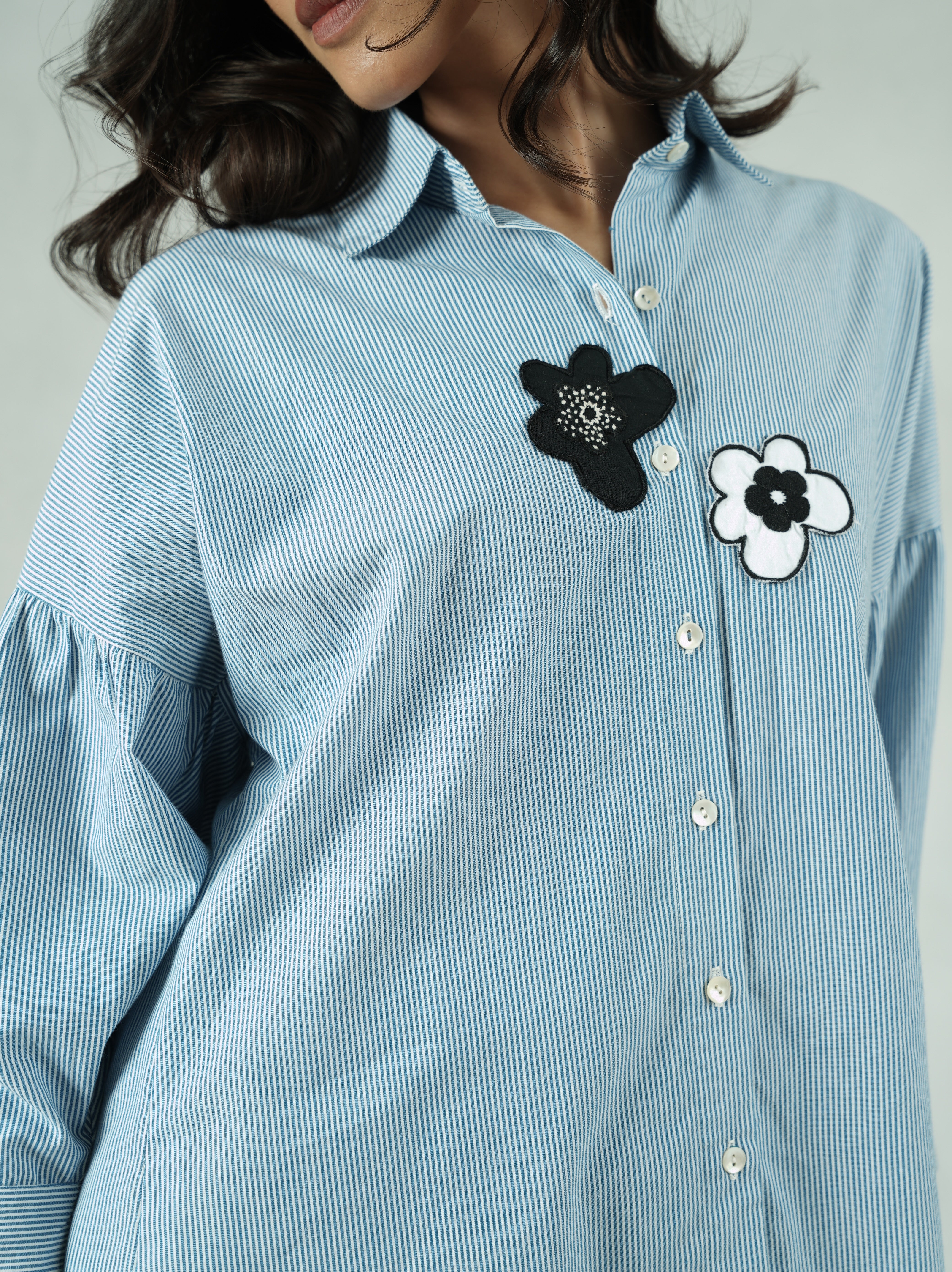 Floral Embroidered Striped Shirt with Open Back
