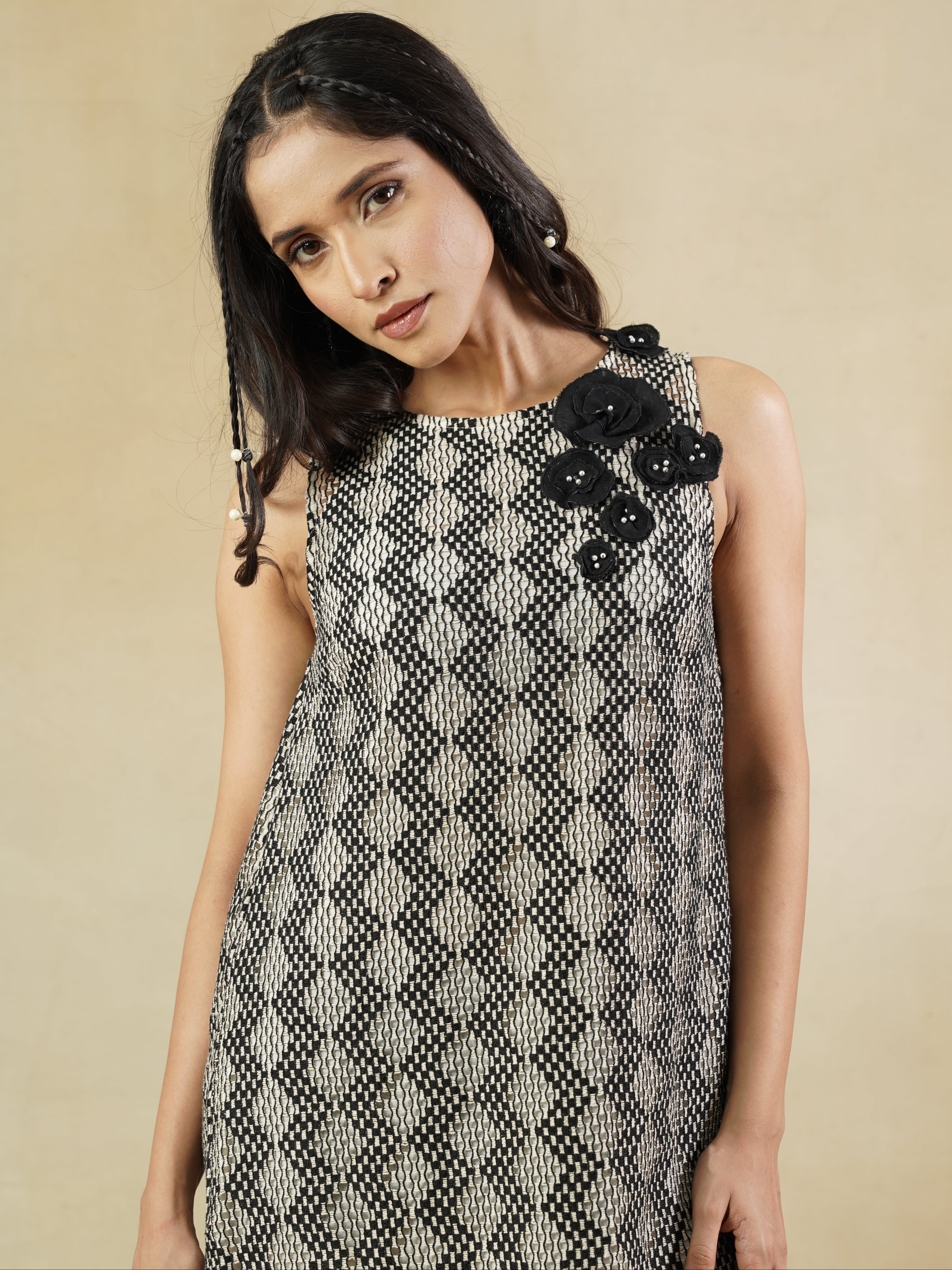 Black Lace A-Line Dress with 3D Floral Appliqué