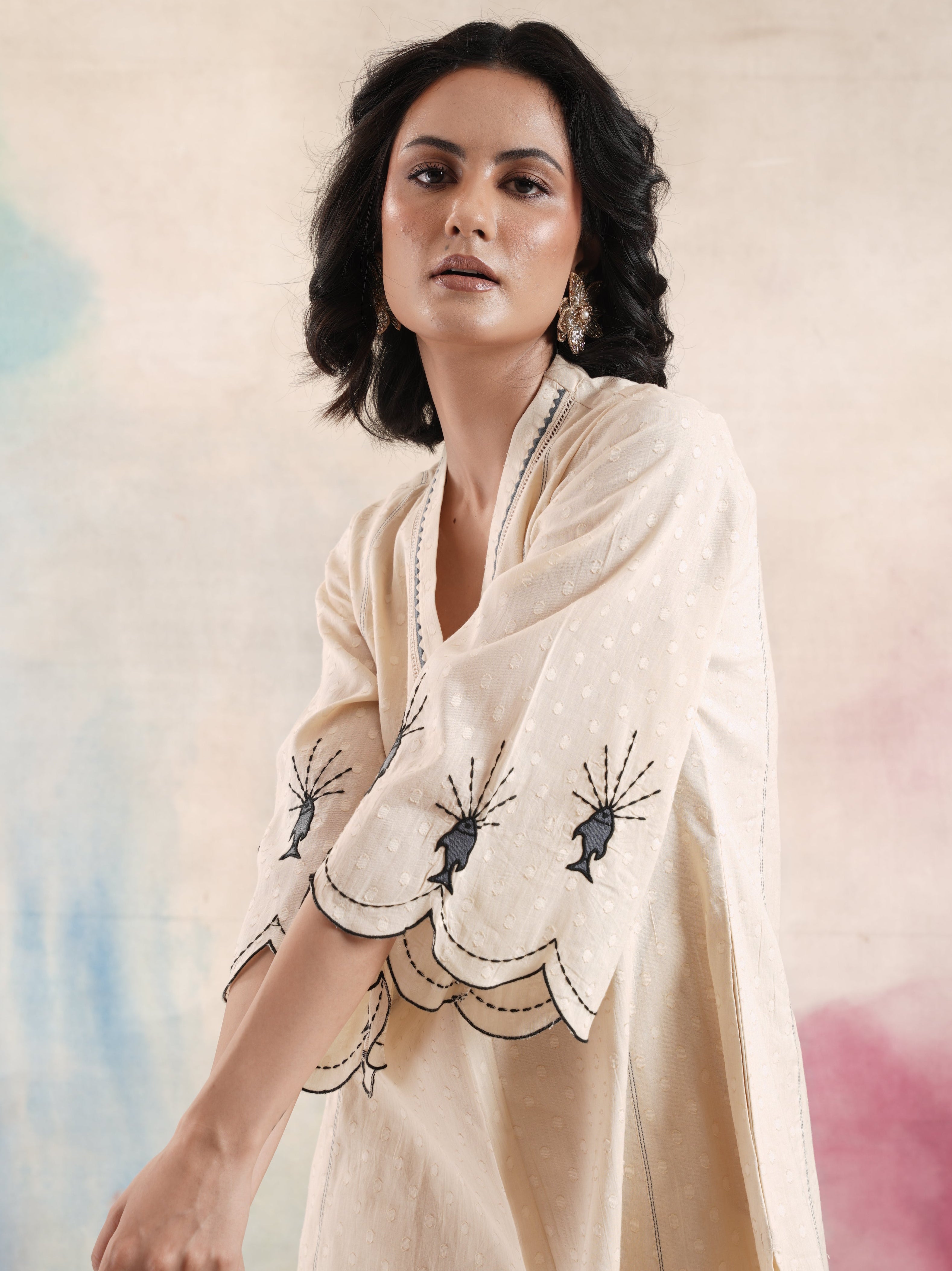 Women's Beige Embroidered Coord Set