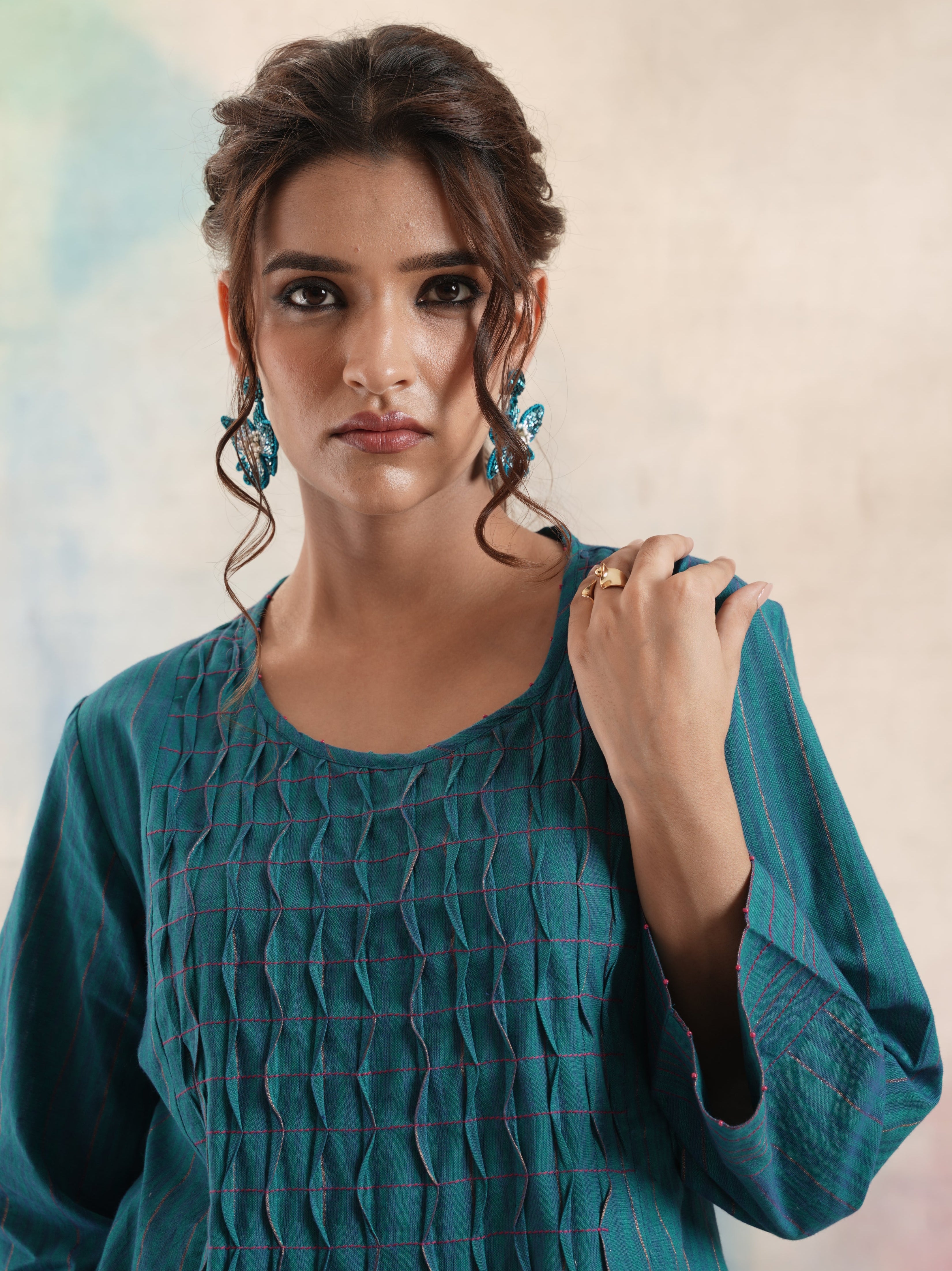 Women's Teal Ruching Kurta Set