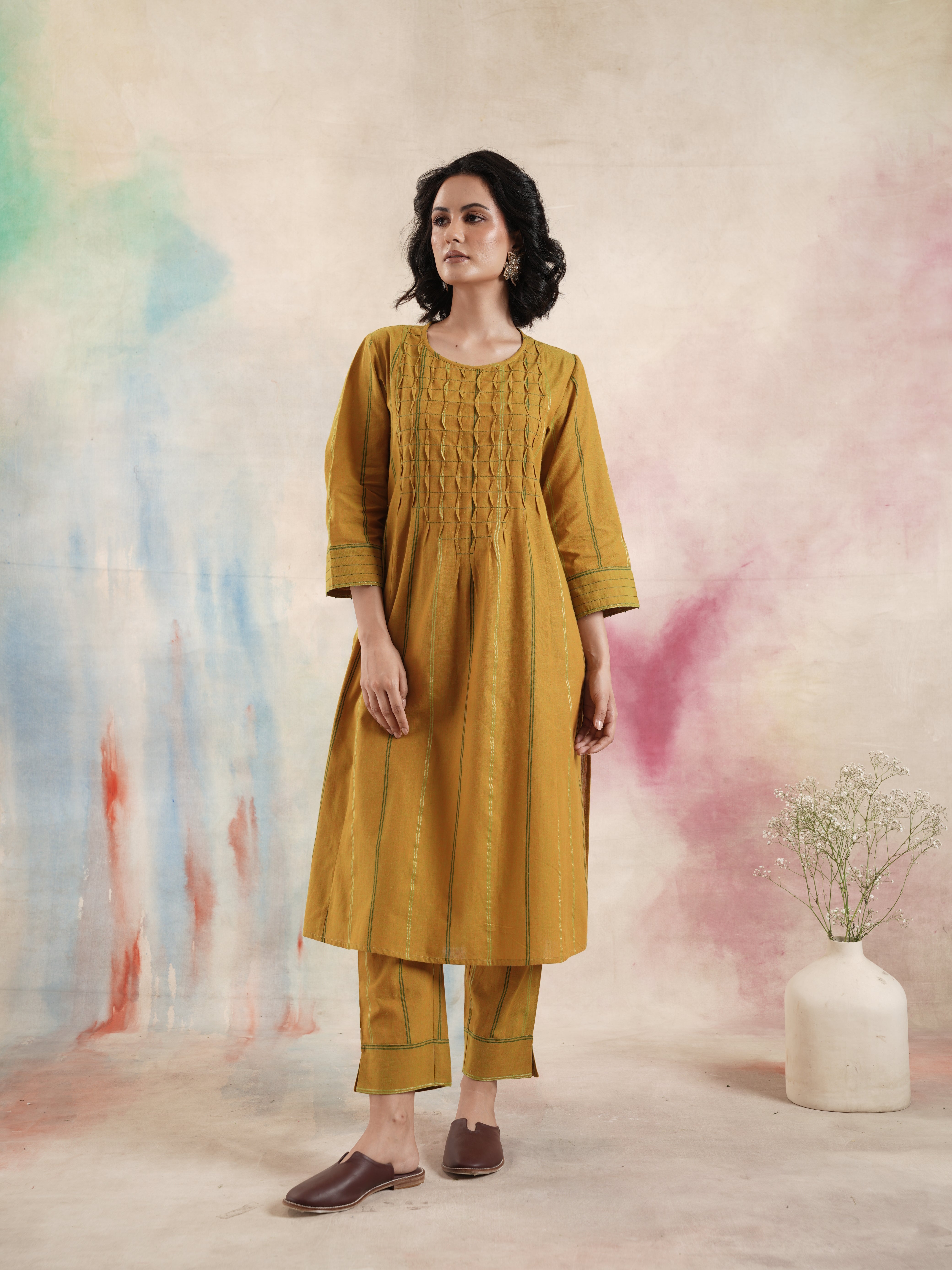 Women's Mustard Ruching Kurta Set