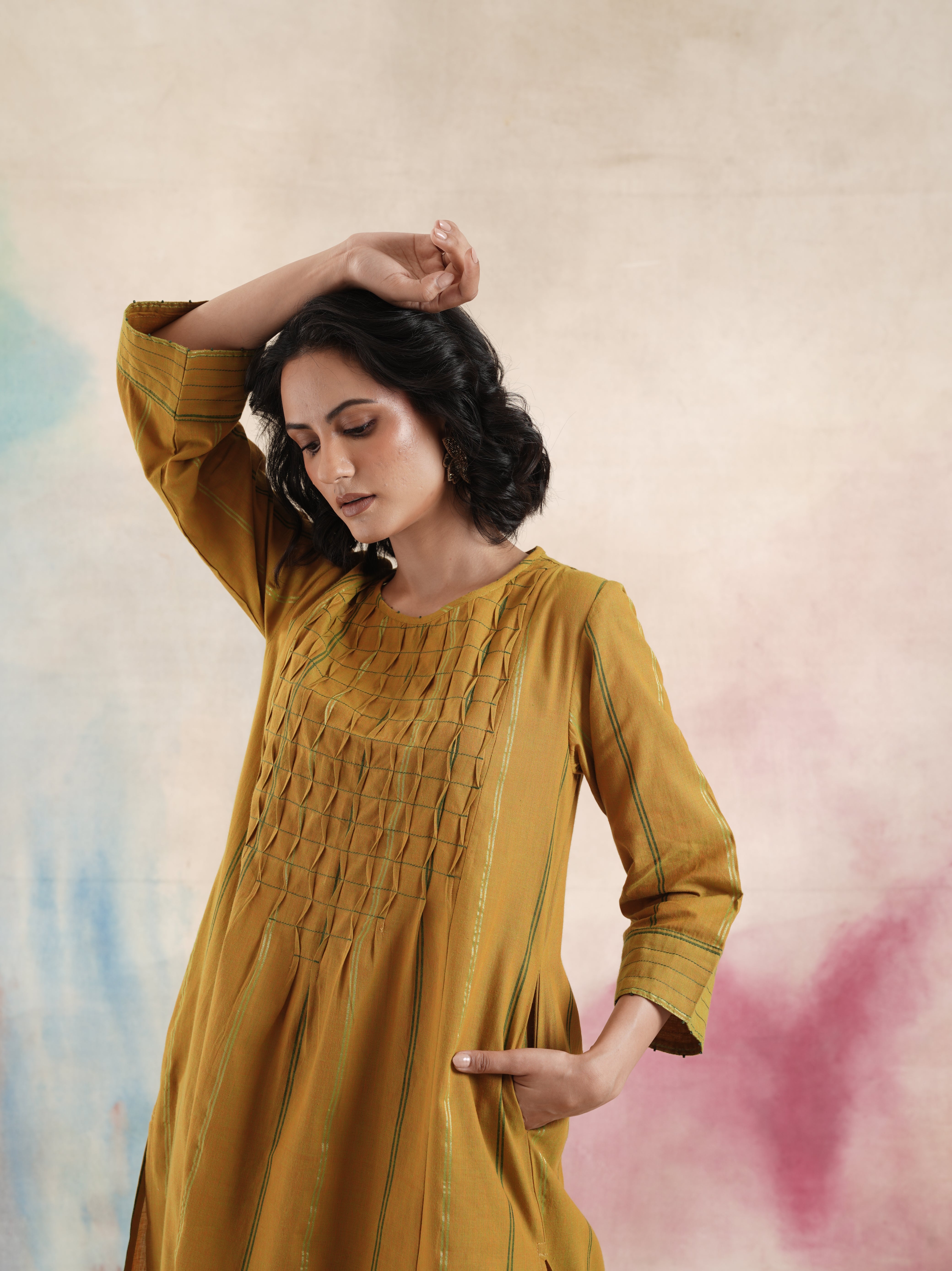 Women's Mustard Ruching Kurta Set