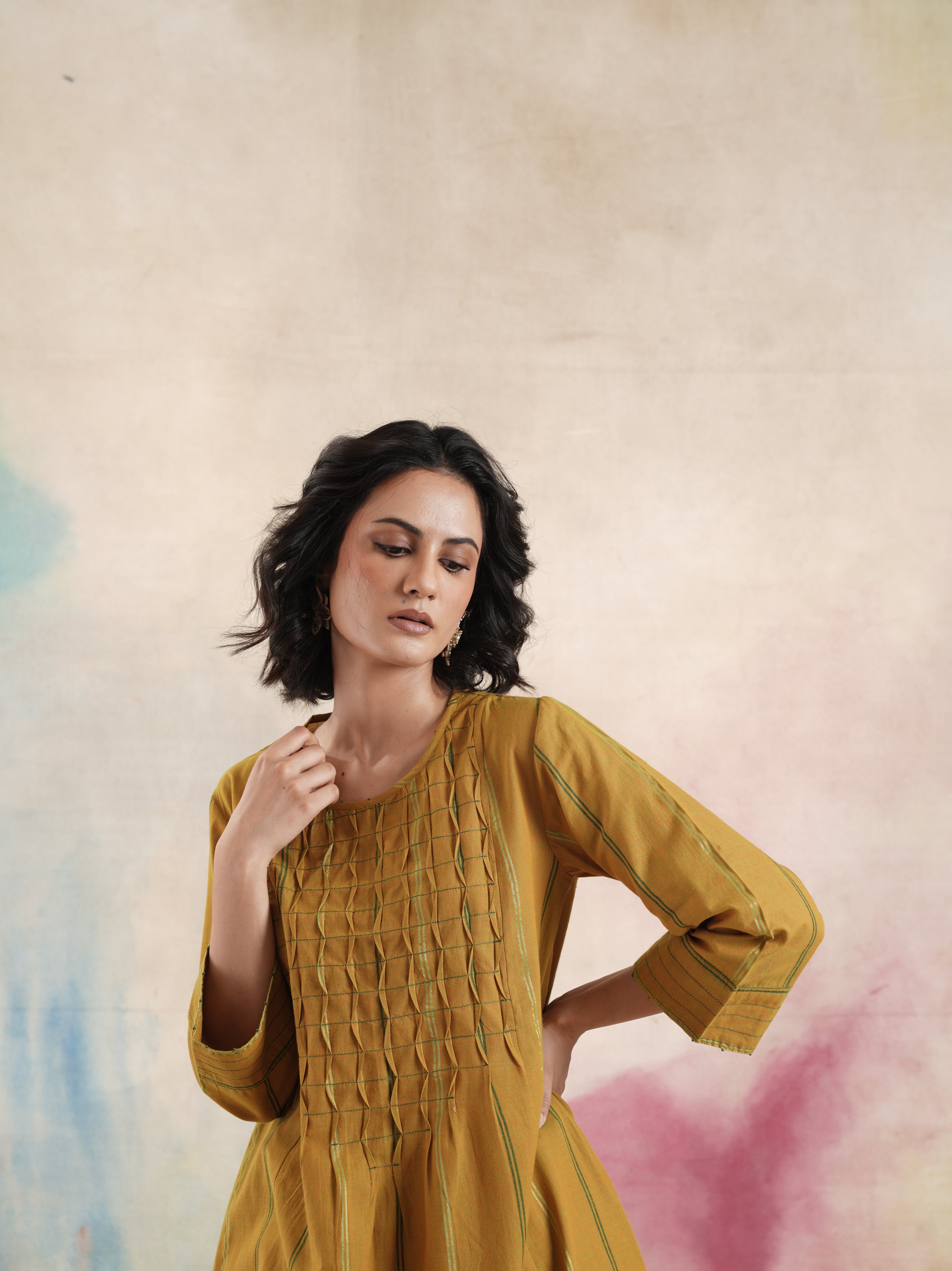 Women's Mustard Ruching Kurta Set