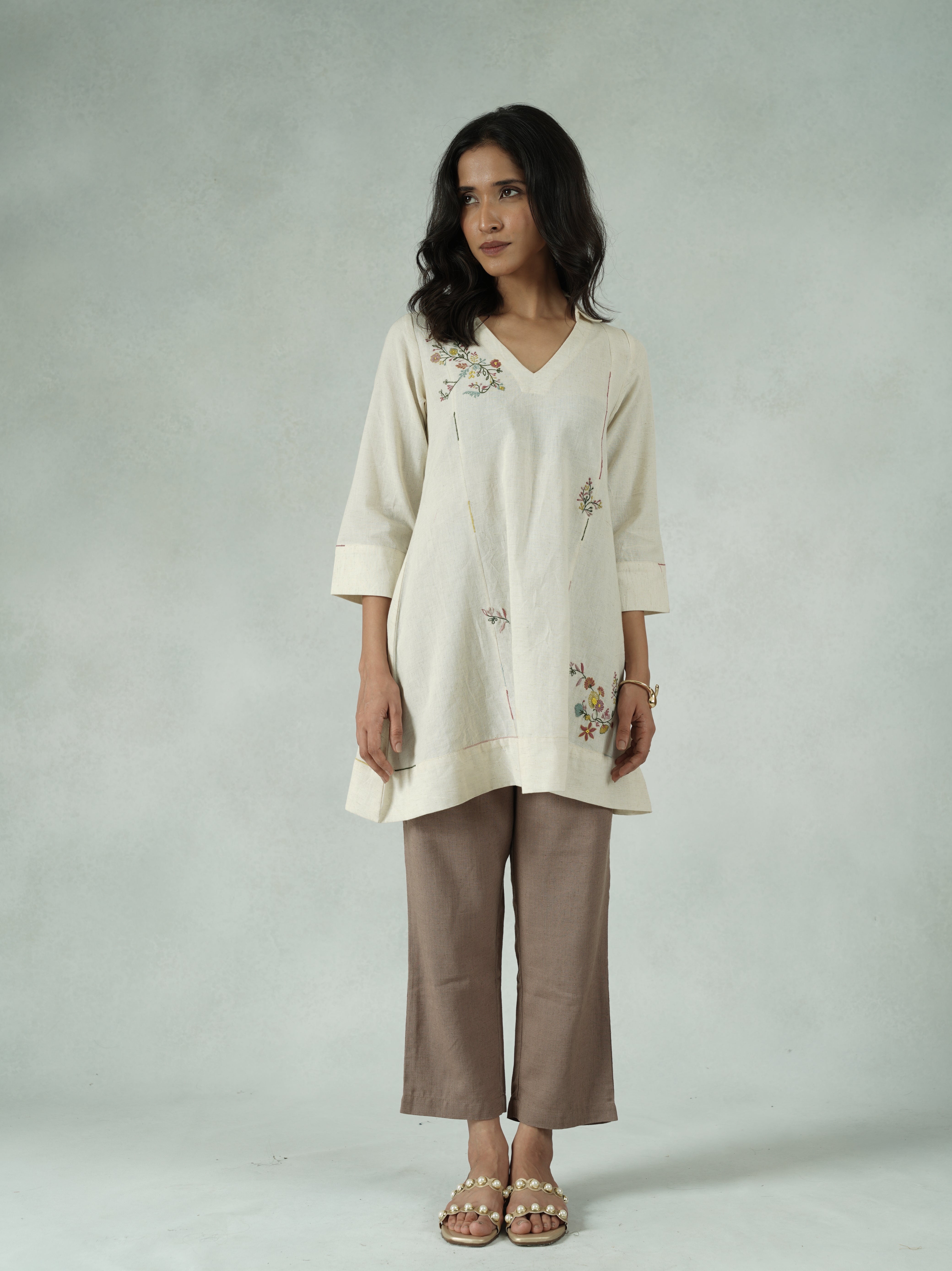 Off-White Pure Cotton Tunic with Floral Embroidery