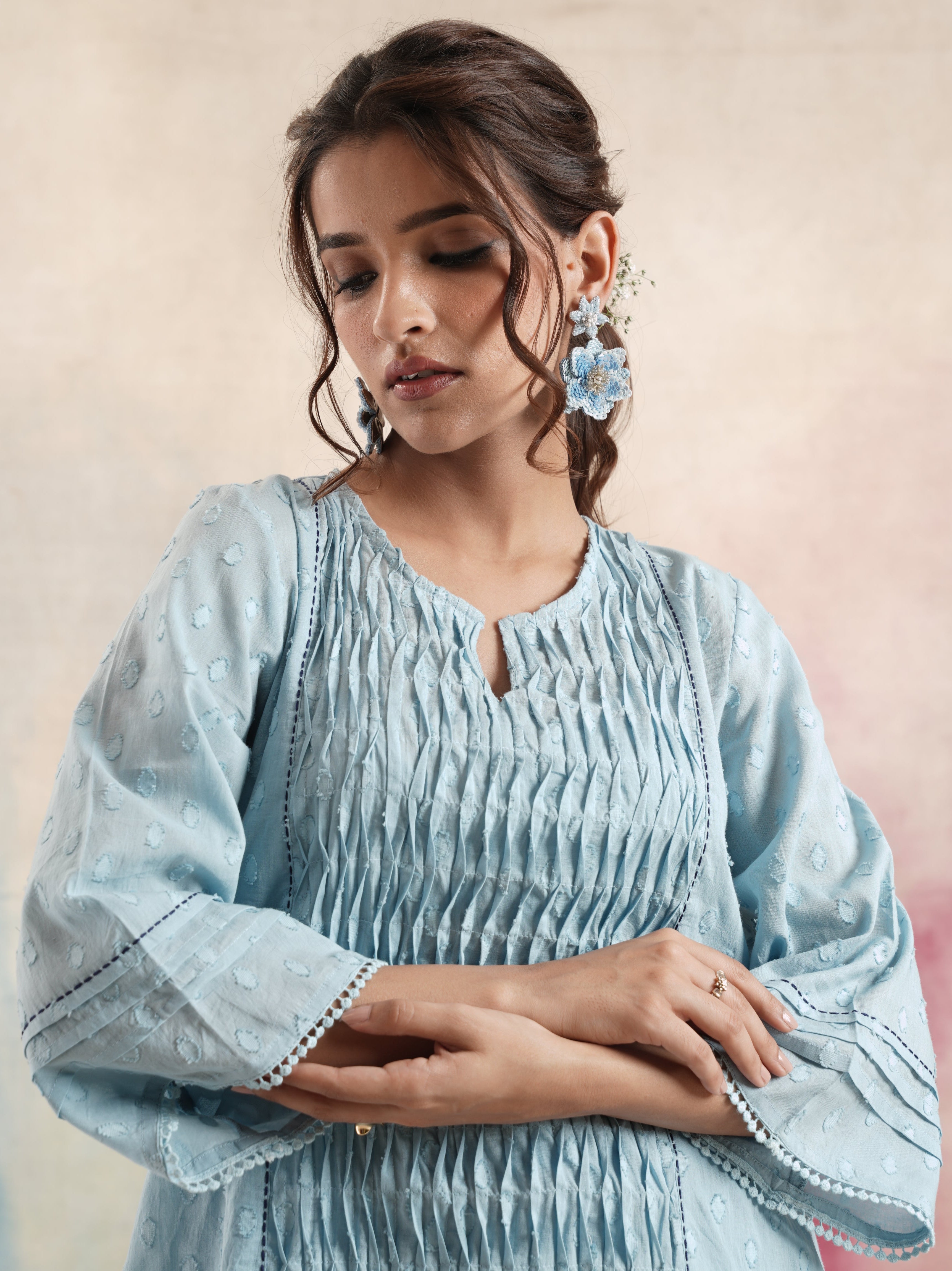 Women's Blue Ruching Kurta Set