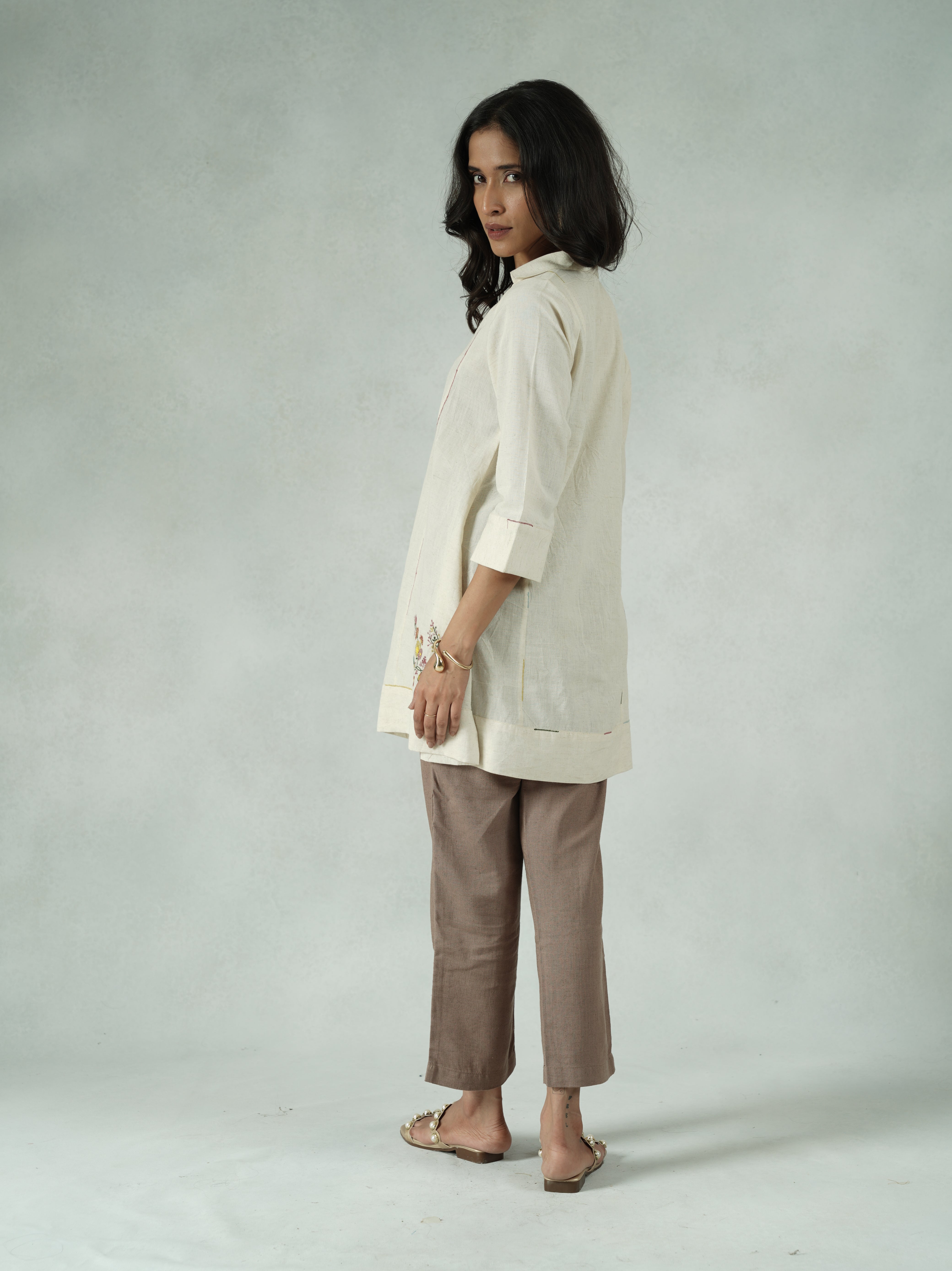 Off-White Pure Cotton Tunic with Floral Embroidery