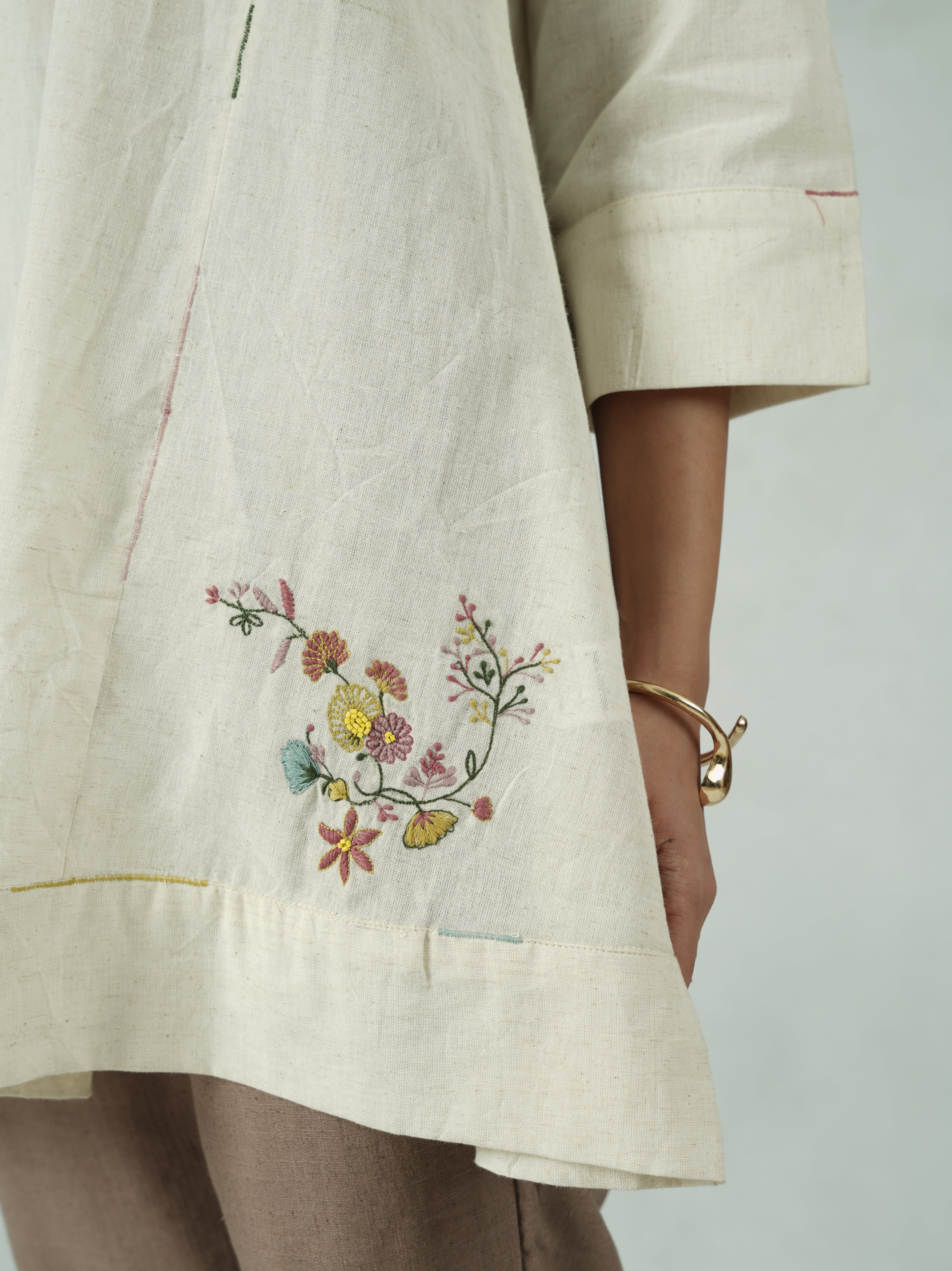 Off-White Pure Cotton Tunic with Floral Embroidery
