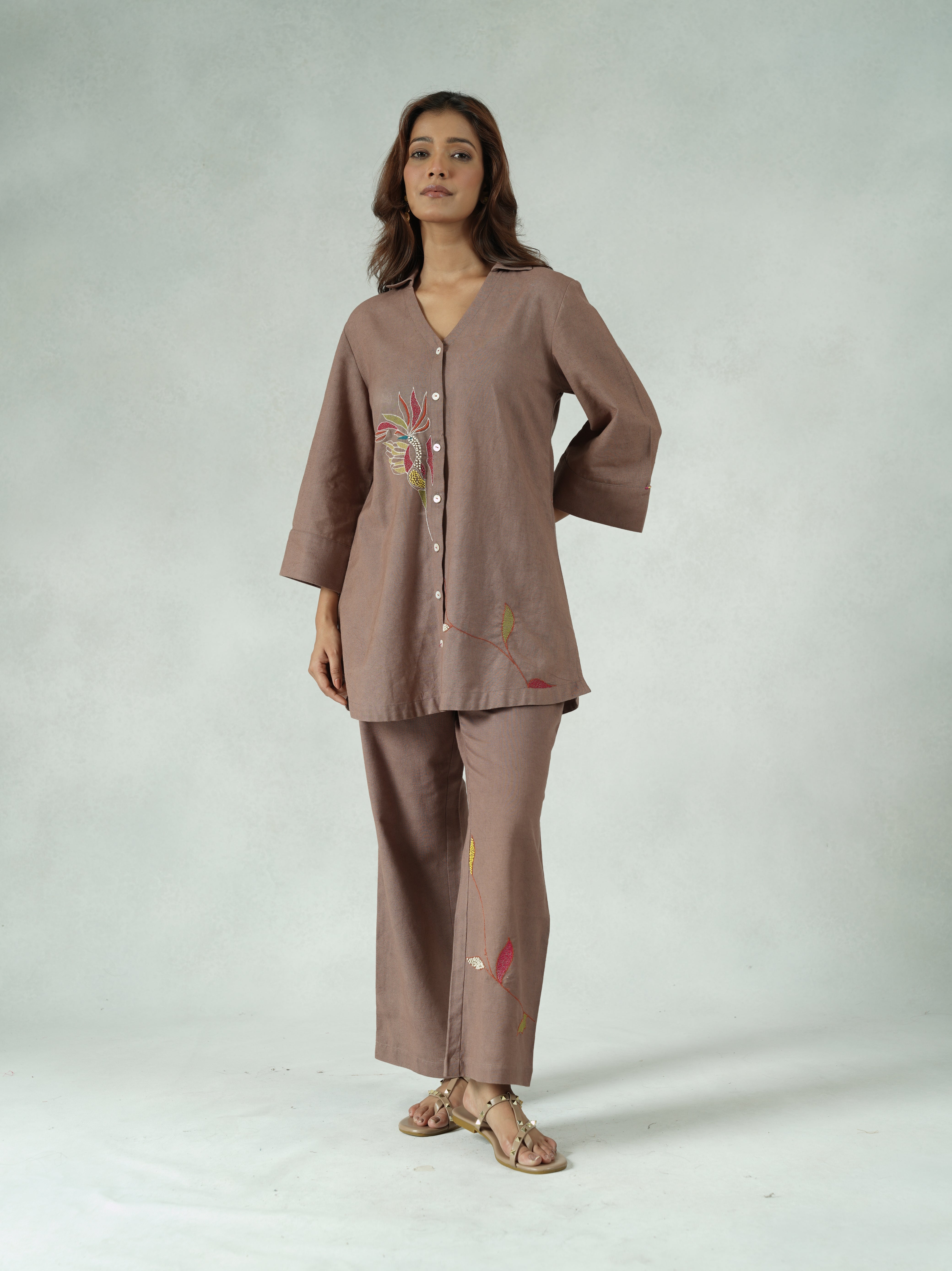 Brown Cotton-Linen Co-ord Set with Hand-Embroidered Sleeves