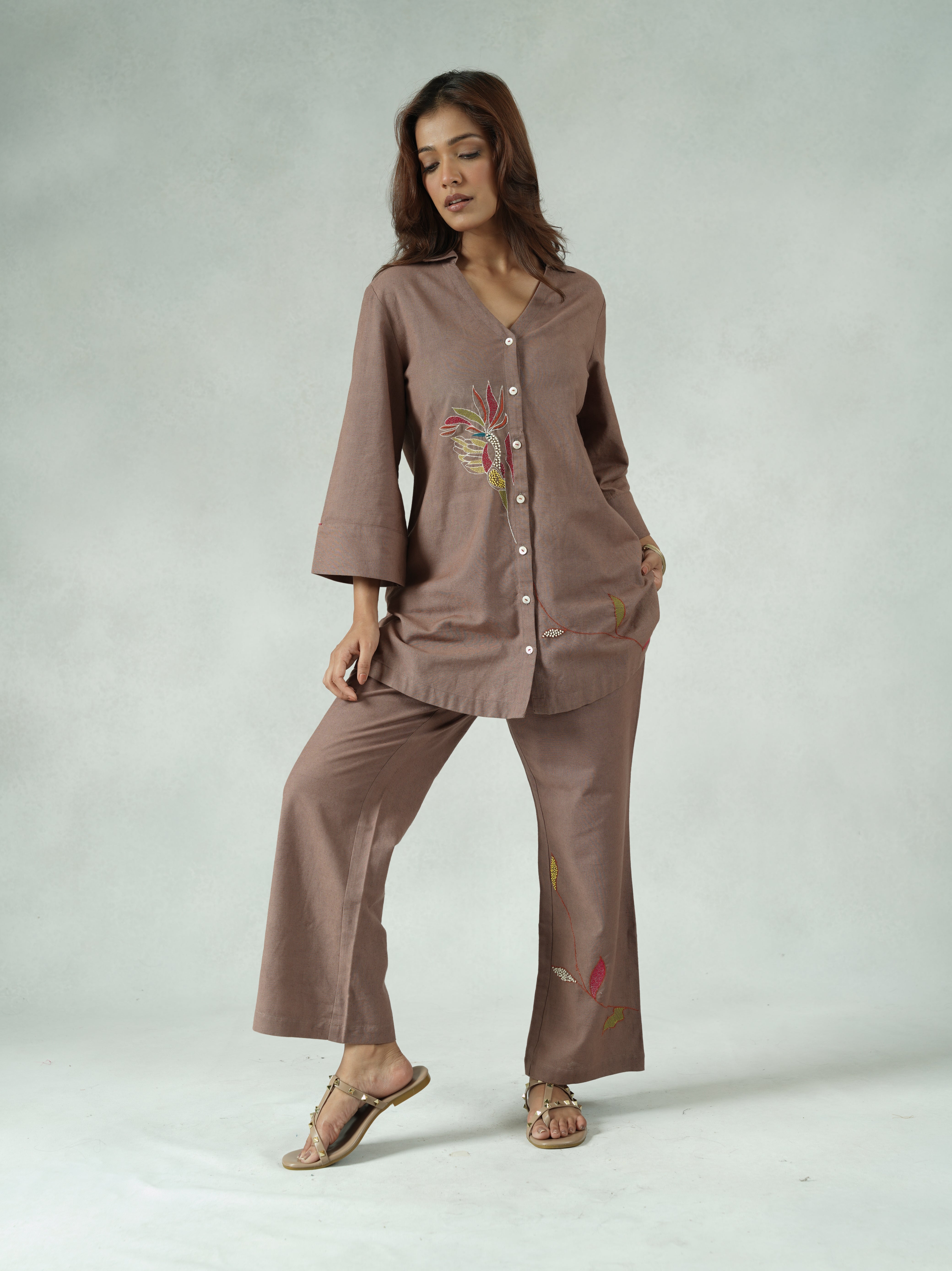 Brown Cotton-Linen Co-ord Set with Hand-Embroidered Sleeves