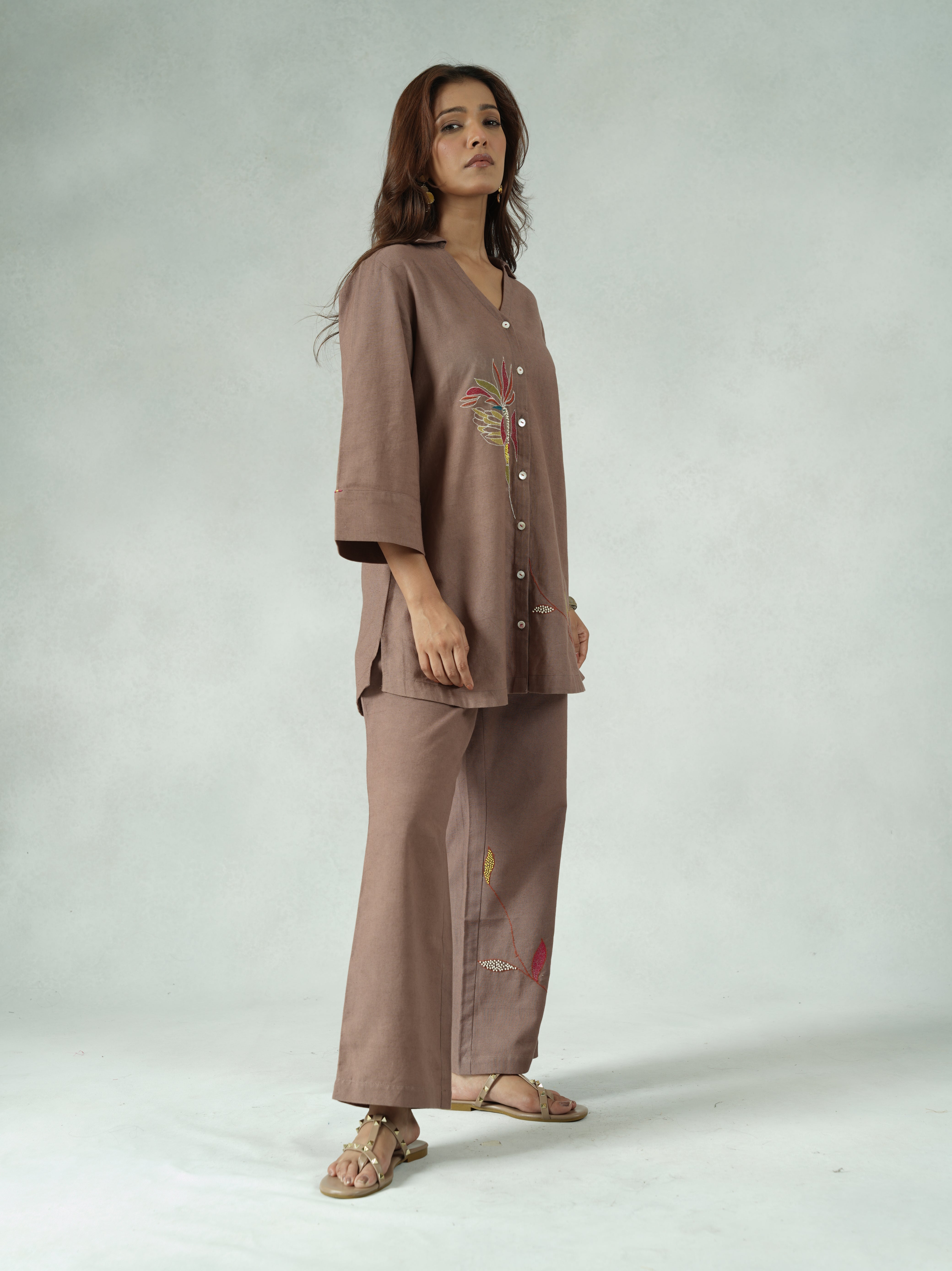 Brown Cotton-Linen Co-ord Set with Hand-Embroidered Sleeves