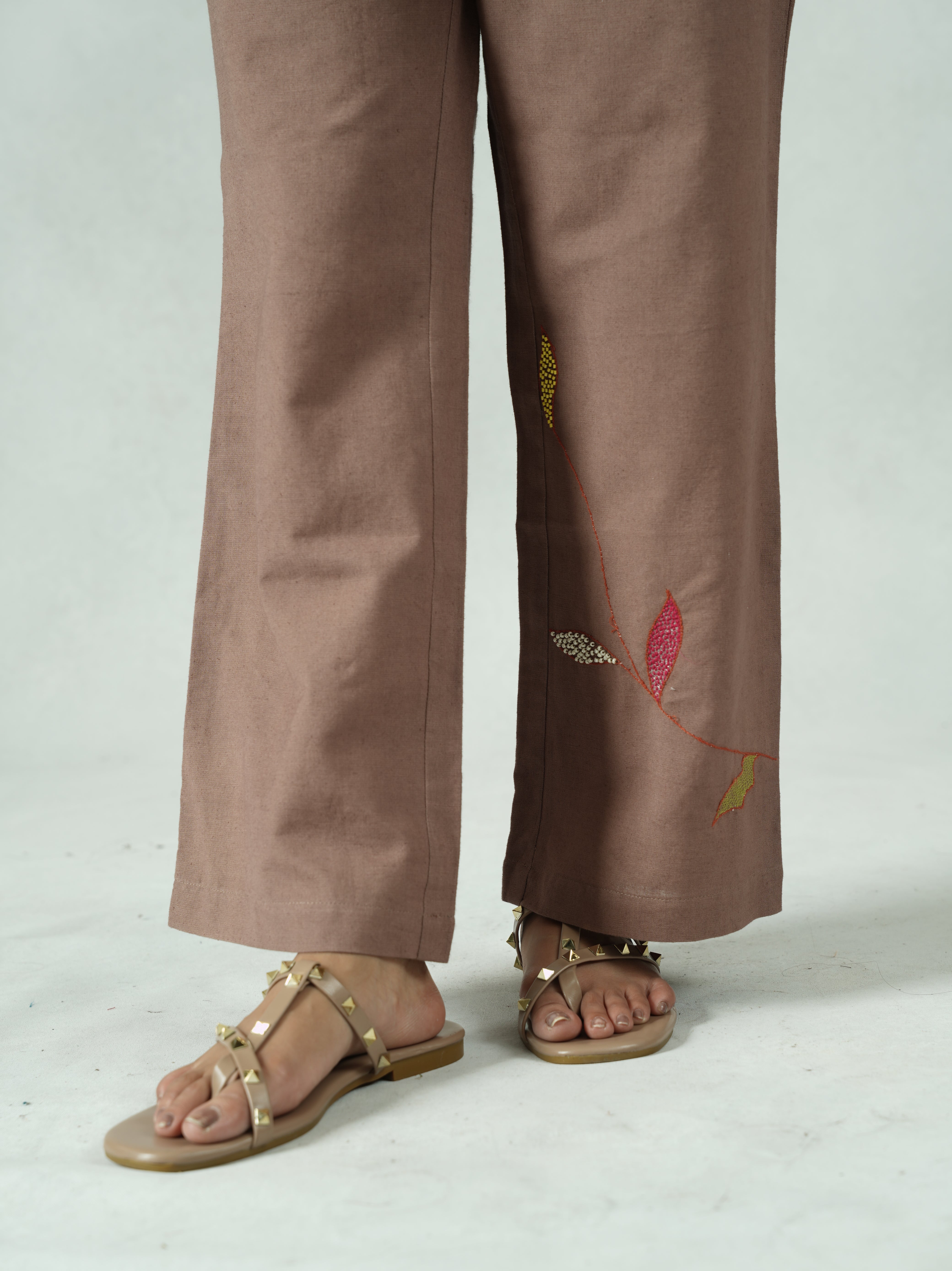 Brown Cotton-Linen Co-ord Set with Hand-Embroidered Sleeves