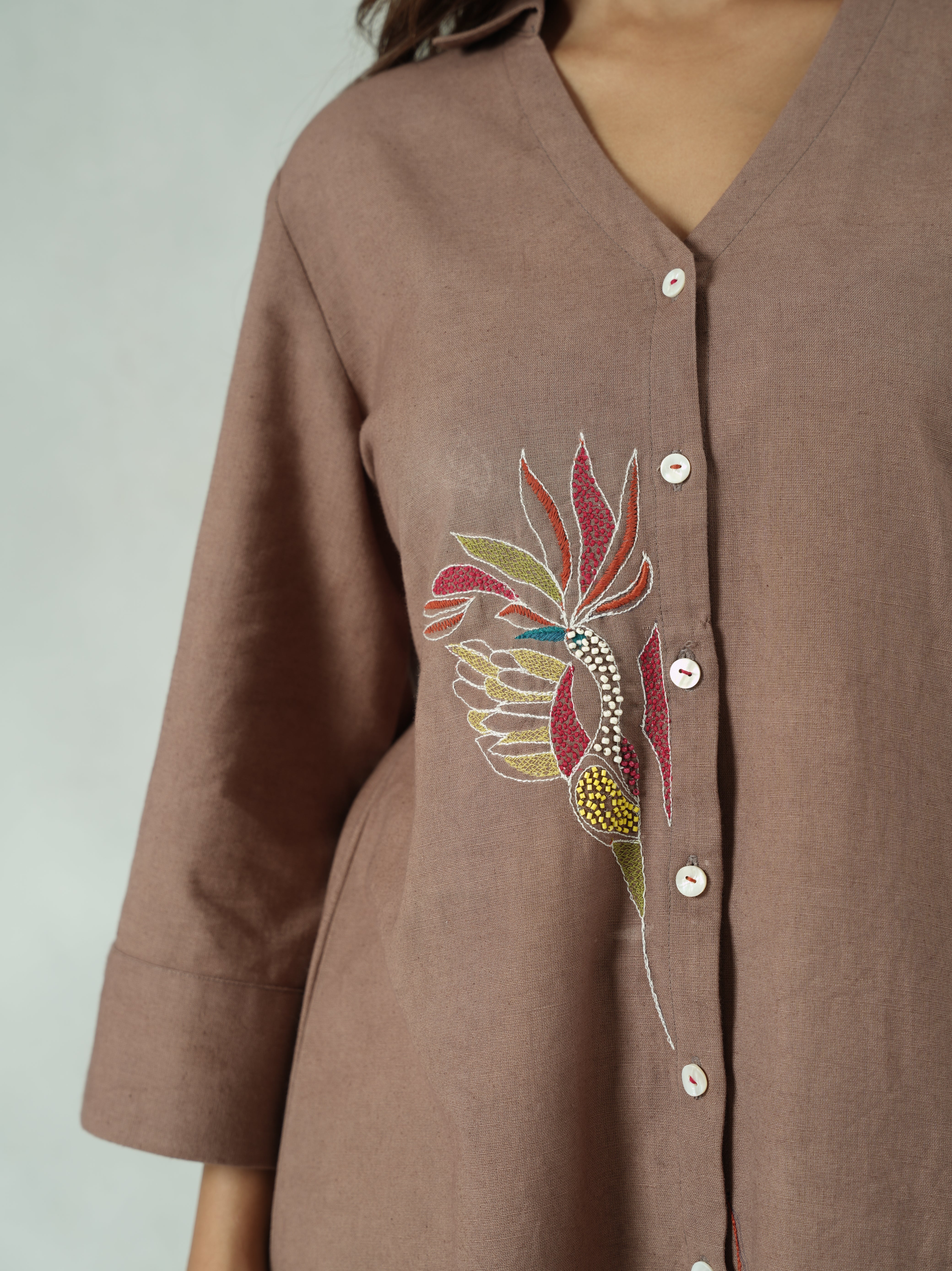 Brown Cotton-Linen Co-ord Set with Hand-Embroidered Sleeves
