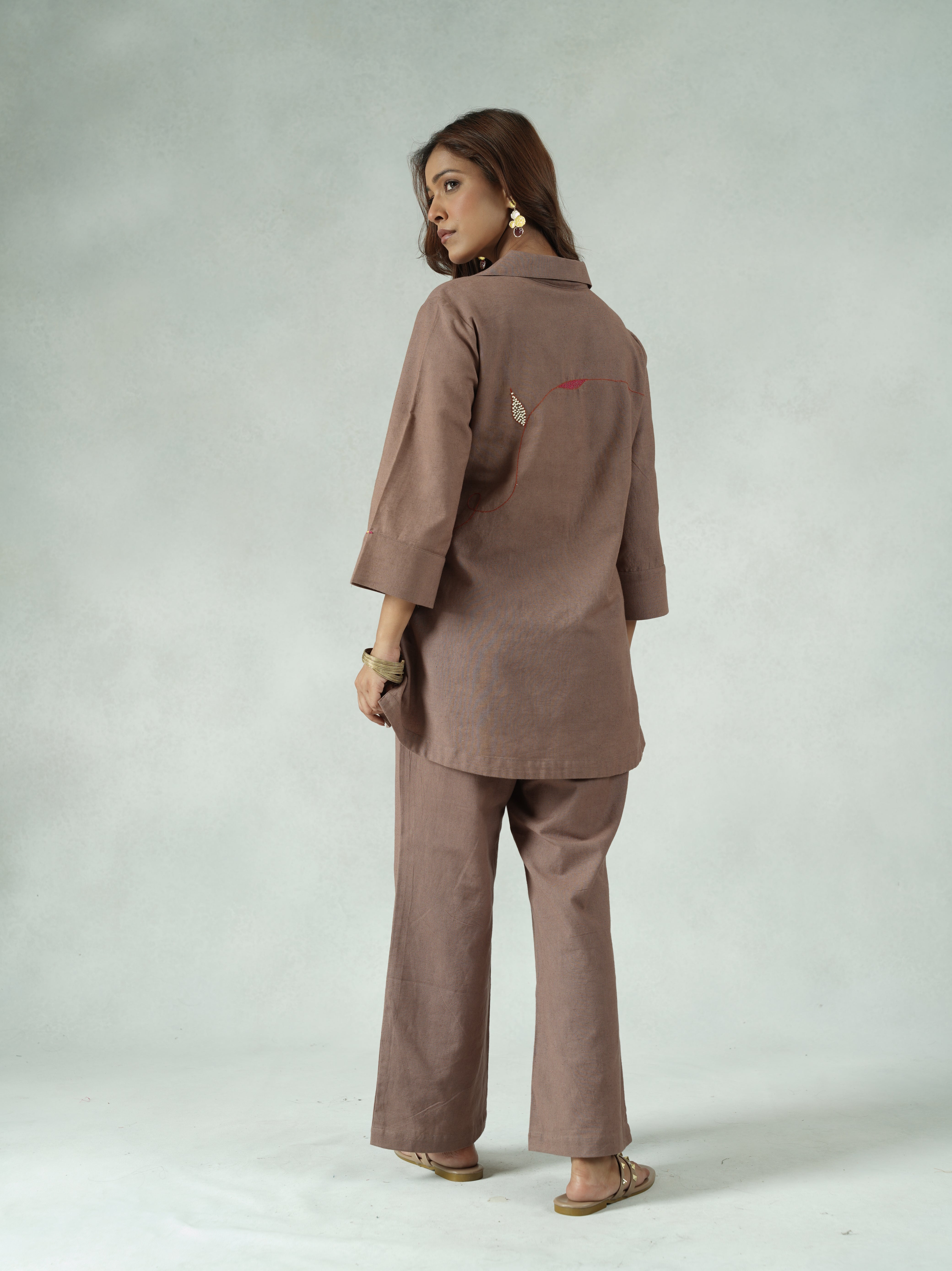 Brown Cotton-Linen Co-ord Set with Hand-Embroidered Sleeves