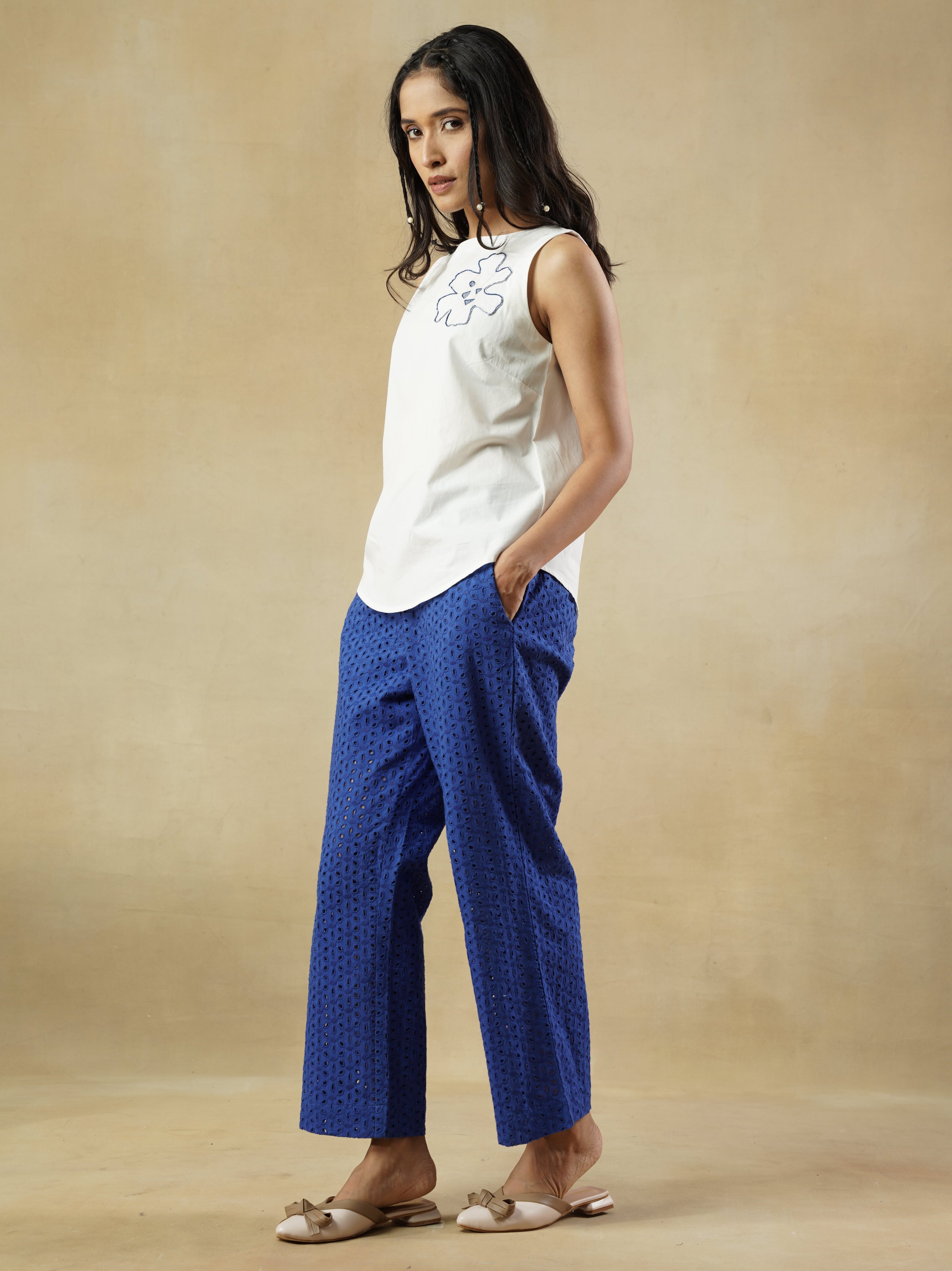 Blue Cotton Schiffli Trousers with Relaxed Silhouette – Juliet