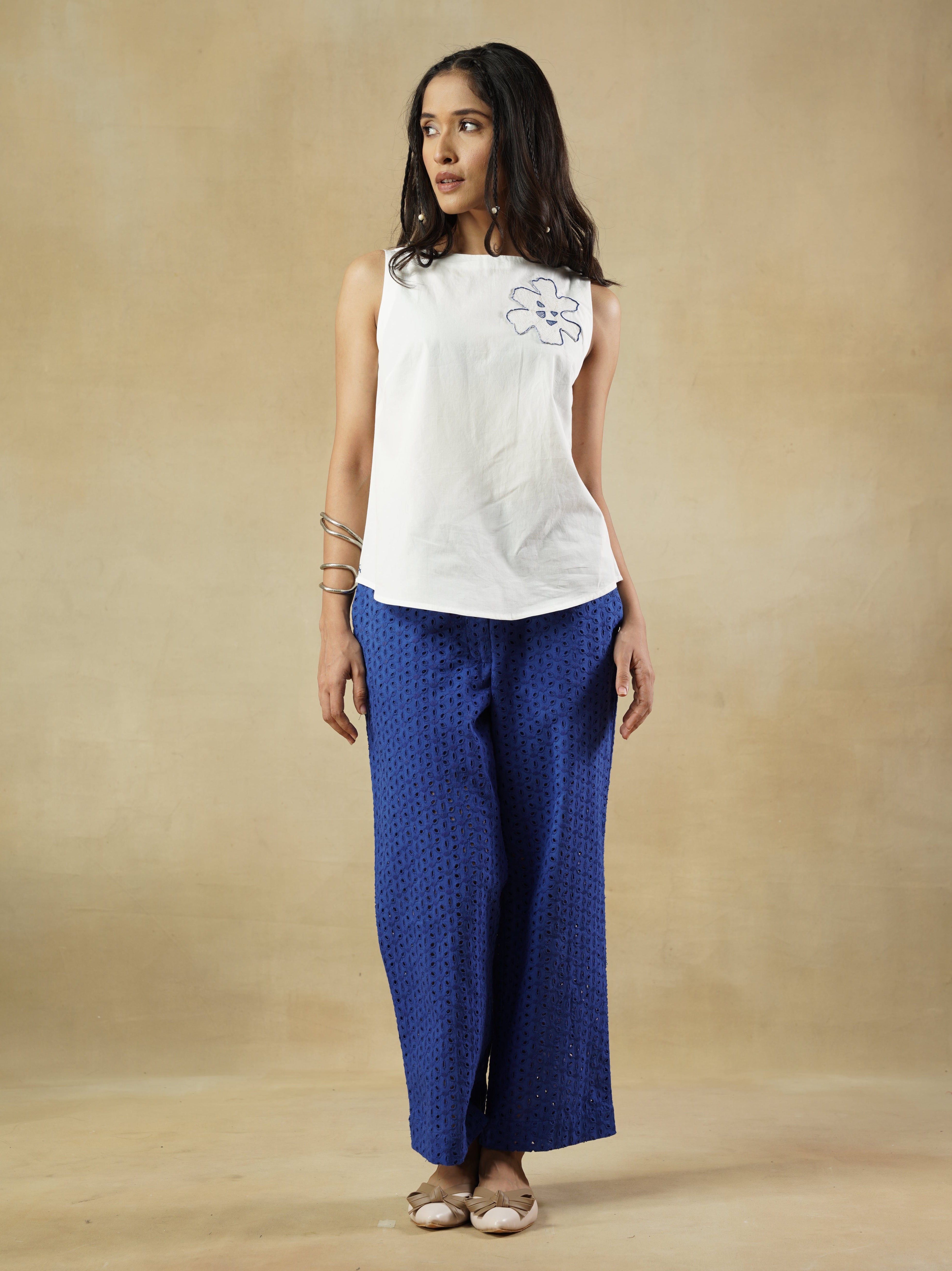Blue Cotton Schiffli Trousers with Relaxed Silhouette – Juliet