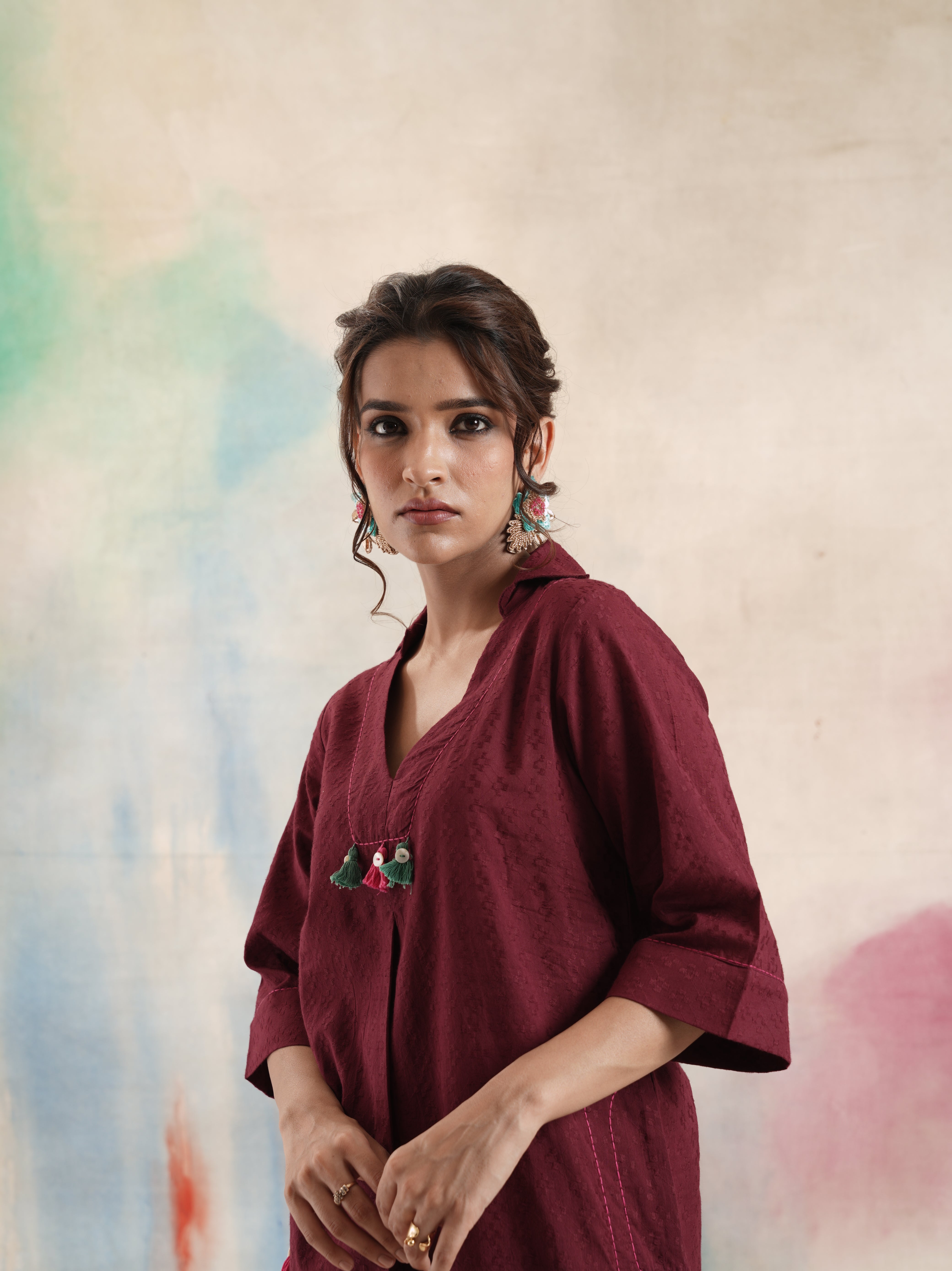 Women's Maroon Embroidered Coord Set