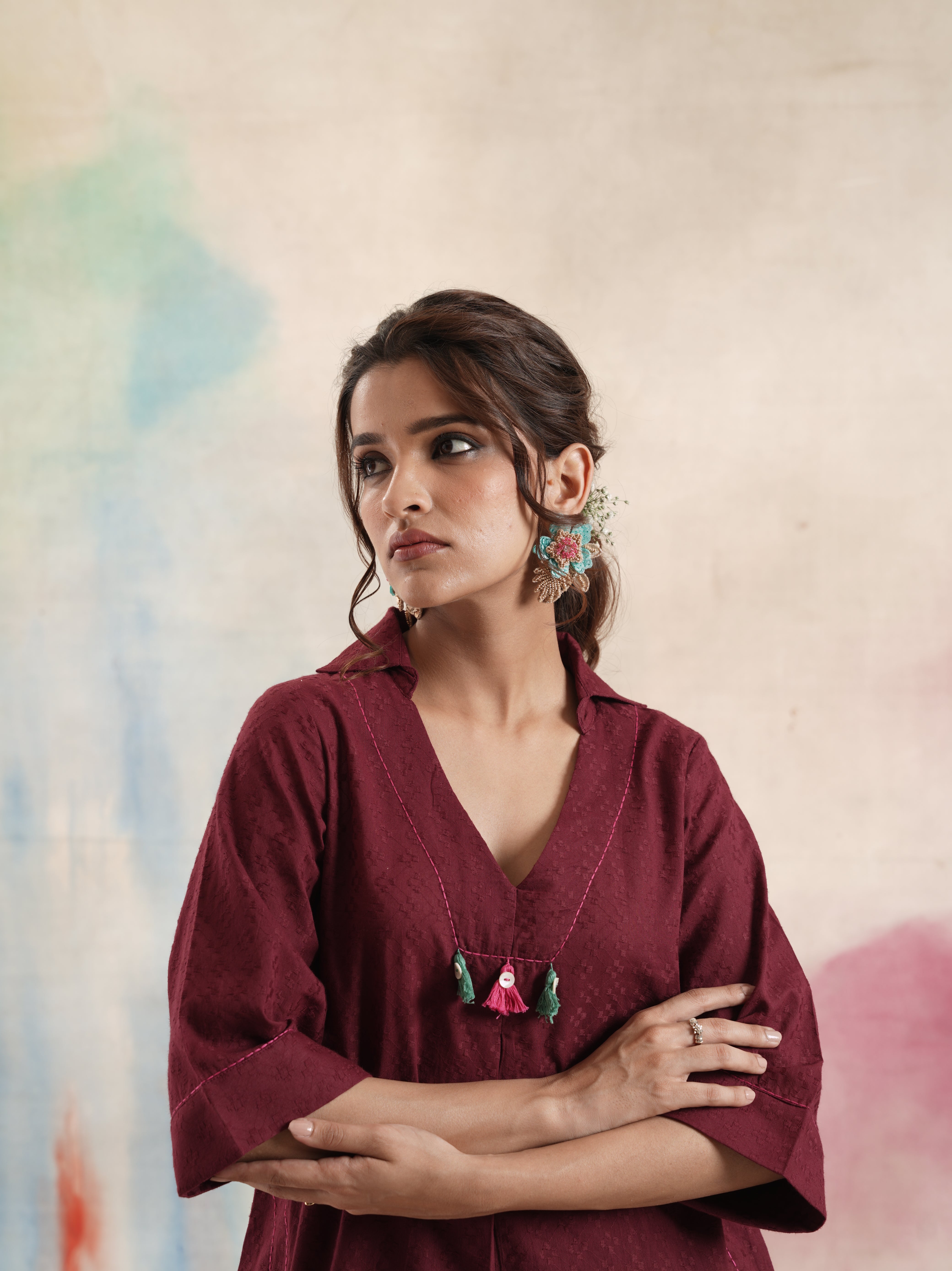 Women's Maroon Embroidered Coord Set