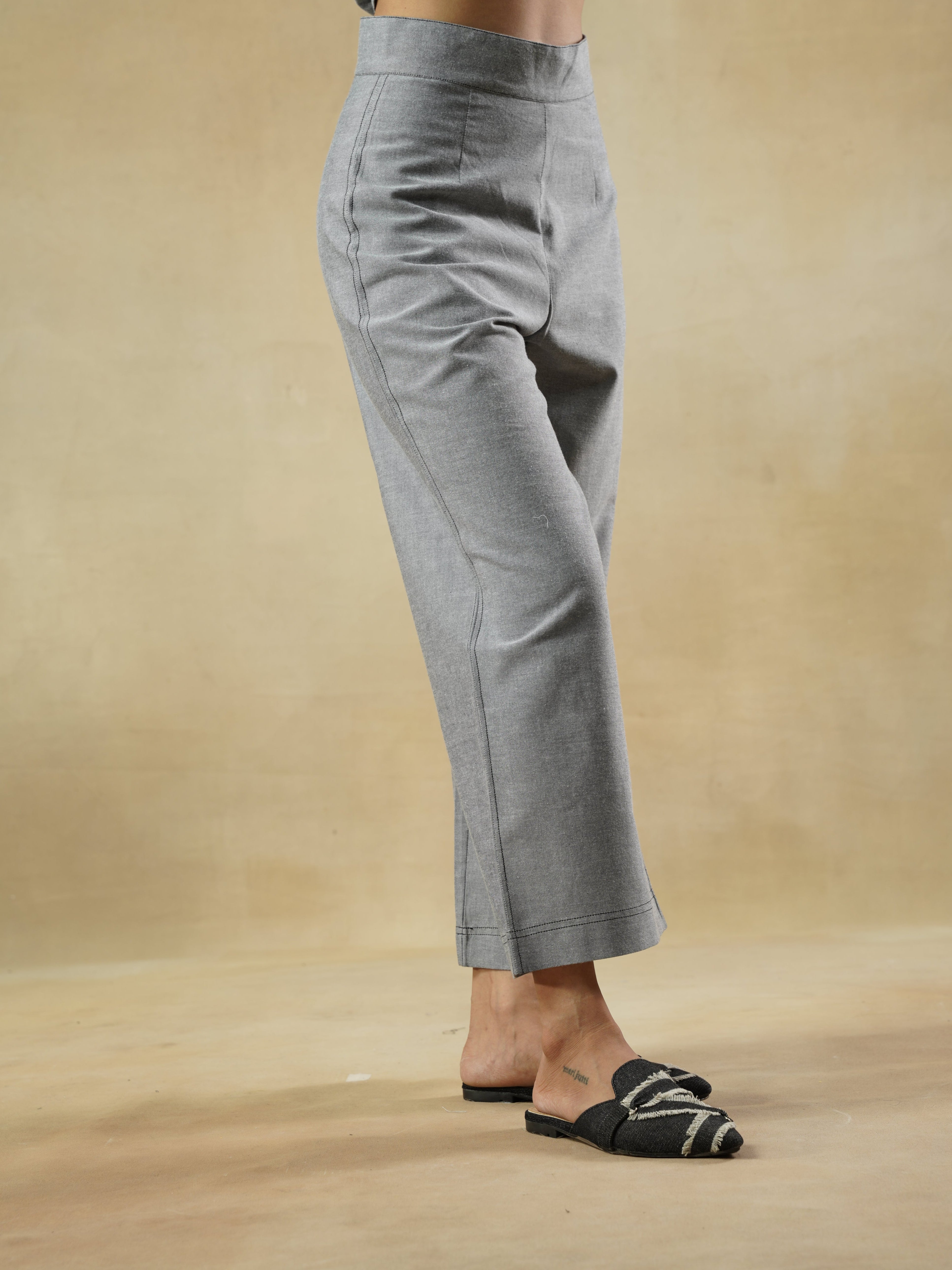 Chambray Straight Fit Pants with Contrast Stitch